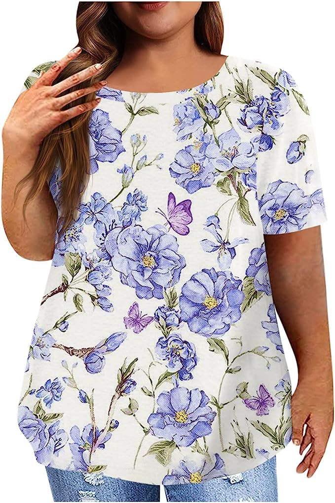 Plus Size Tops for Women Crewneck Hide Belly Blouses Floral Print Short Sleeve Shirts