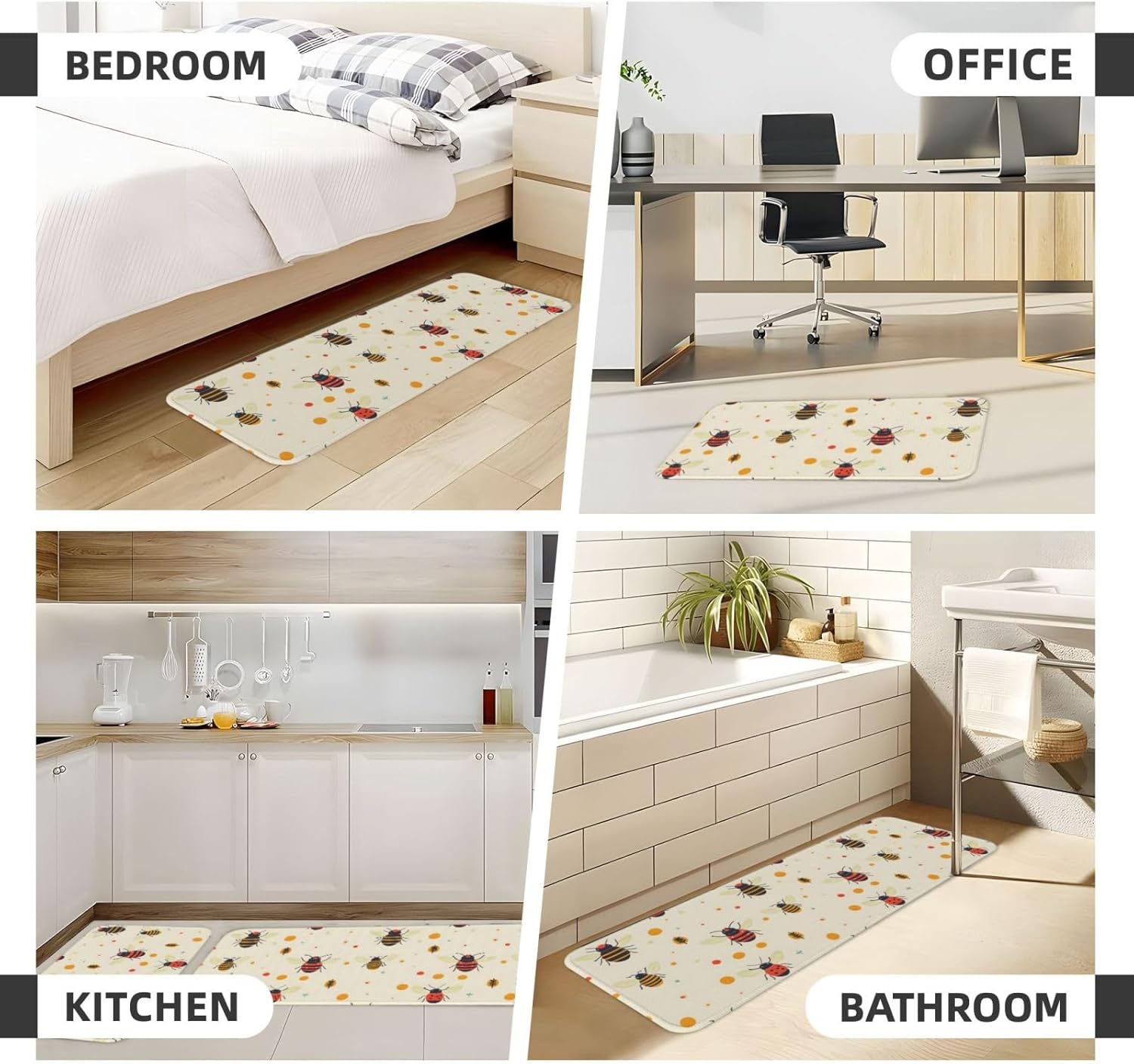 Cute Colorful Coccinellidae Print Kitchen Rugs Sets of 2 Non Slip Washable, Anti Fatigue Kitchen Mats for Floor, Home Decor