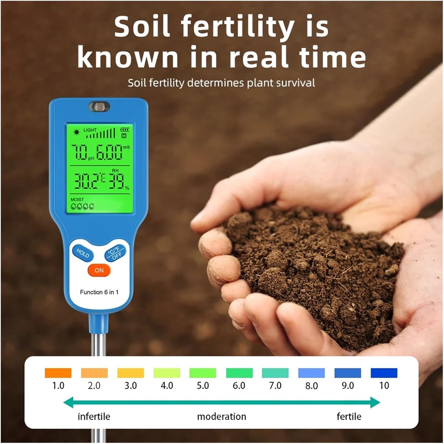 Soil Test kit 6 in 1 Soil Tester pH Temperature Humidity Sunlight Air Nutrient Fertility Meter Soli Detector Gardening Tool Gardening Supplies