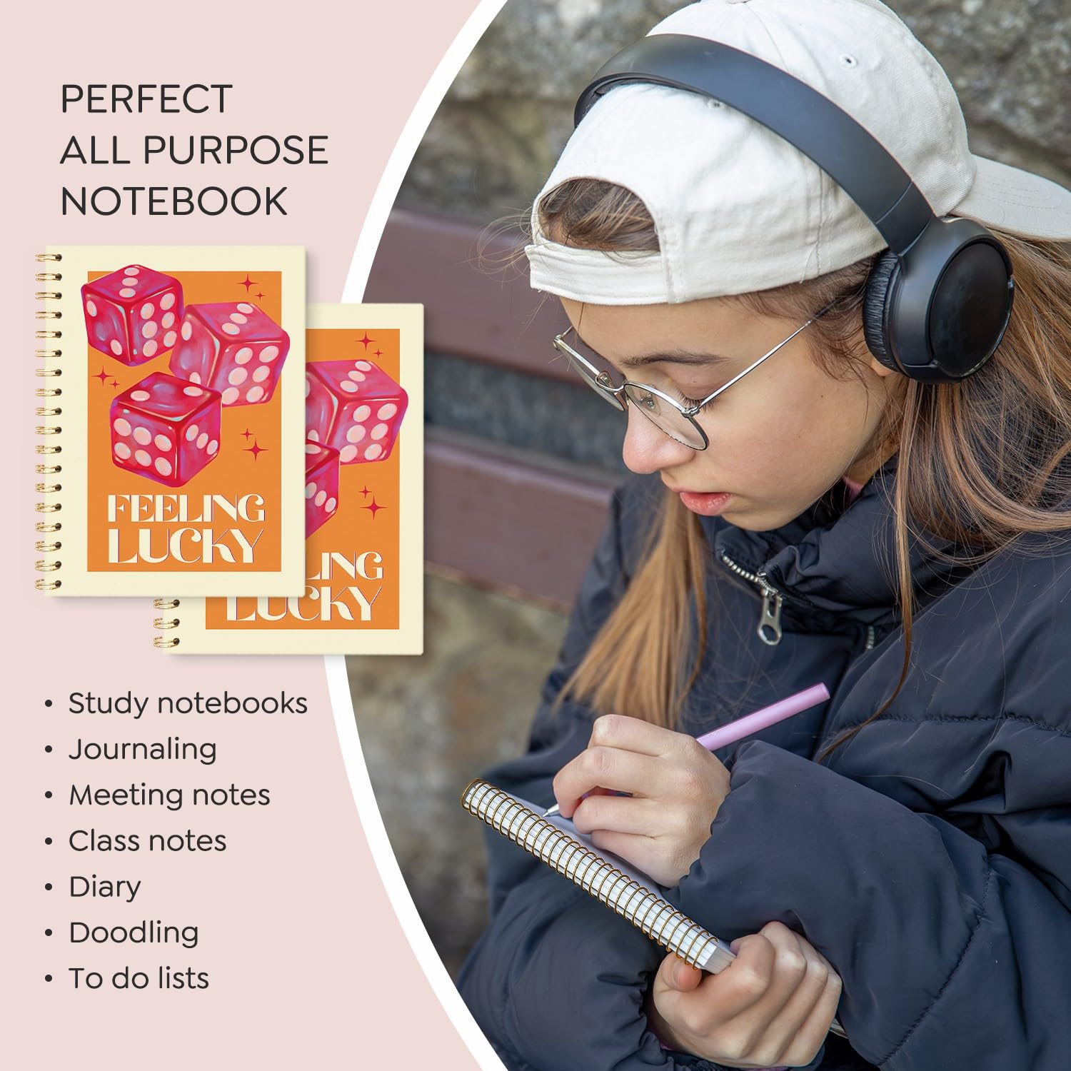 VONTP Trendiges adrettes Notizbuch, Feeling Lucky Dice Spiralnotizbuch, Hardcover, Kokett-Tagebuch, College-Notizbuch, Tagebuch zum Schreiben, adrettes Geschenk für Frauen, Teenager, Mädchen, 14 x 21