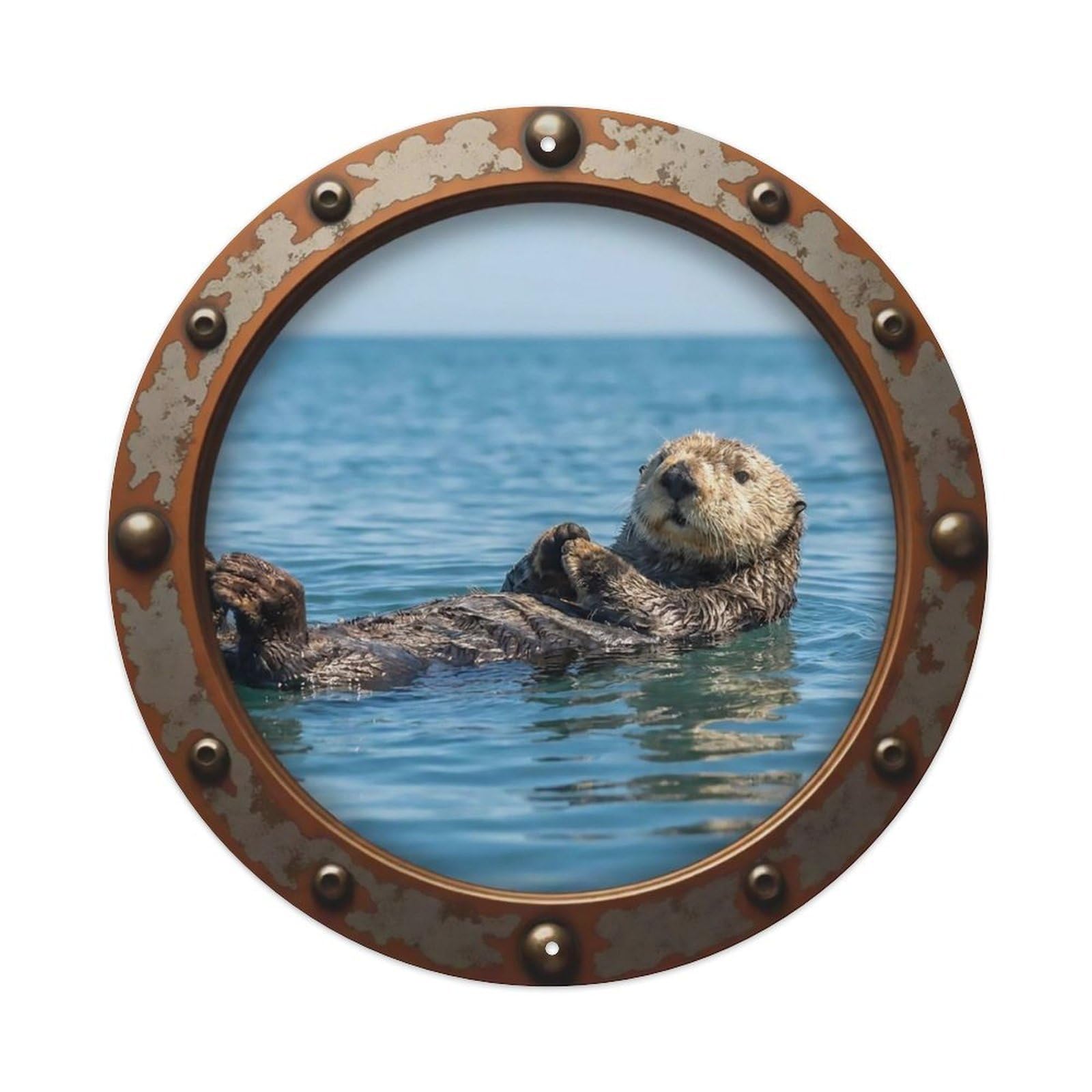 Vintage Porthole Otter Swimming Nautical Window View Metal Tin Sign