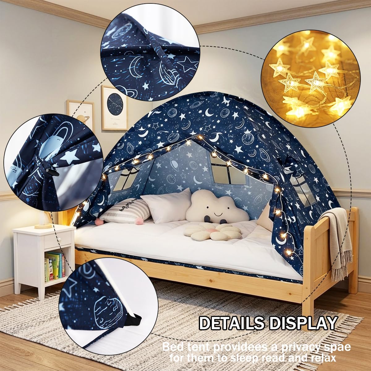 Akiky Bed Tent Bed Canopy Twin Size with Bottom,Kids Tent Indoor Floor with Lights Portable Foldable Bunk Curtains for Girls Boys (Galaxy, Twin)