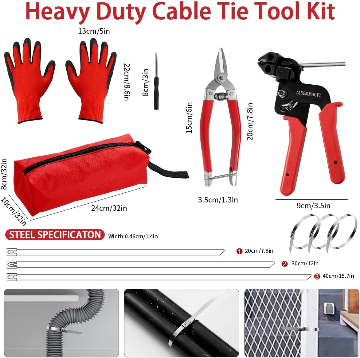 Metal Zip Tie Tool 300PCS (100 Each: 7.8/12/15.7 Inch) Stainless Steel Cable Tie Gun Kit | Self-Locking Fastening & Cutting Tool Metal Zip Tie Gun for Fencing, Exhaust Pipes, Automotive (Red)
