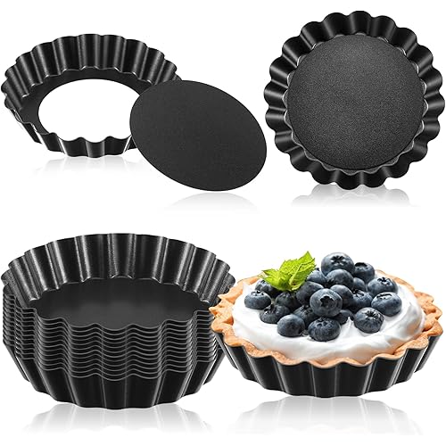 Tessco 16 Pieces Mini Tart Pans with Removable Bottom Nonstick Quiche Mini Pie Tart Pans Bakeware Mold Fluted Side for Pies(Black Gray Round,3 Inch)