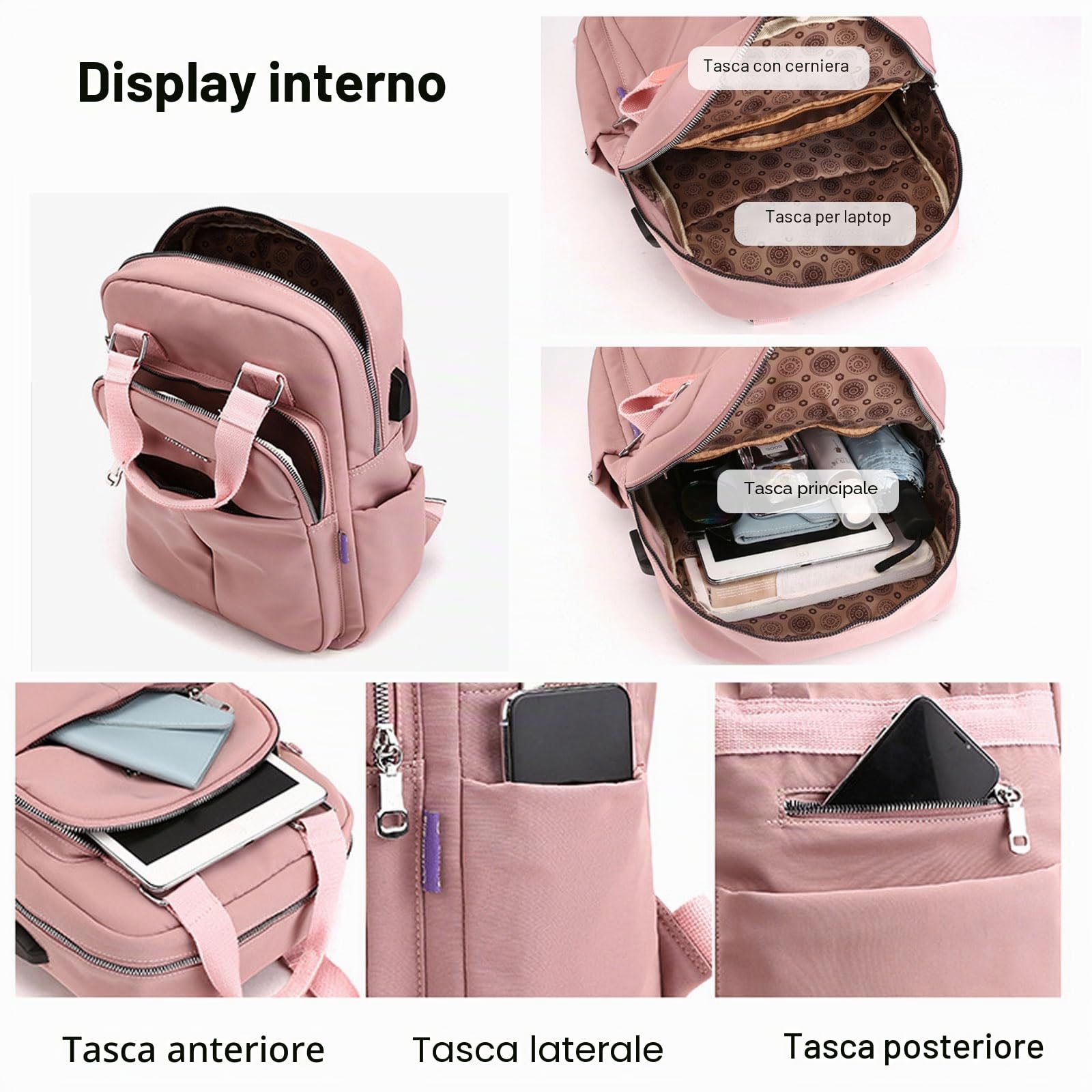 FANDARE Zaini Casual Laptop Borsetta Zainetto Cartelle Donna Zaino Scuola con USB Adolescente Borse a Zaino Ragazza Zainetti Daypacks per All'aperto Viaggio Shopping Impermeabile Nylon