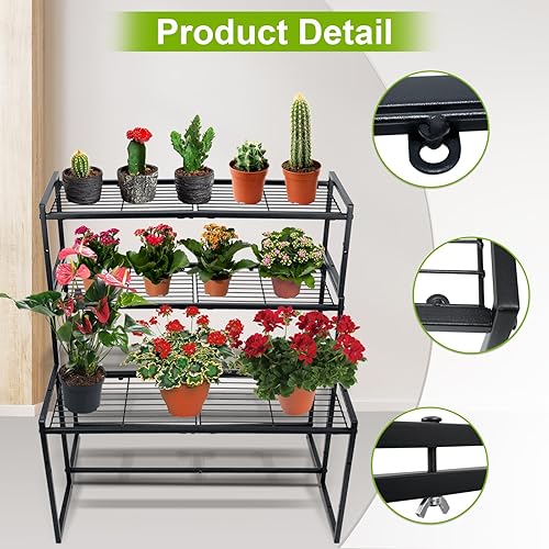 Miniatura 4 de Soporte de metal para plantas de 3 niveles para interiores y exteriores, soporte para macetas de flores, soporte para plantas, apilable, resistente,