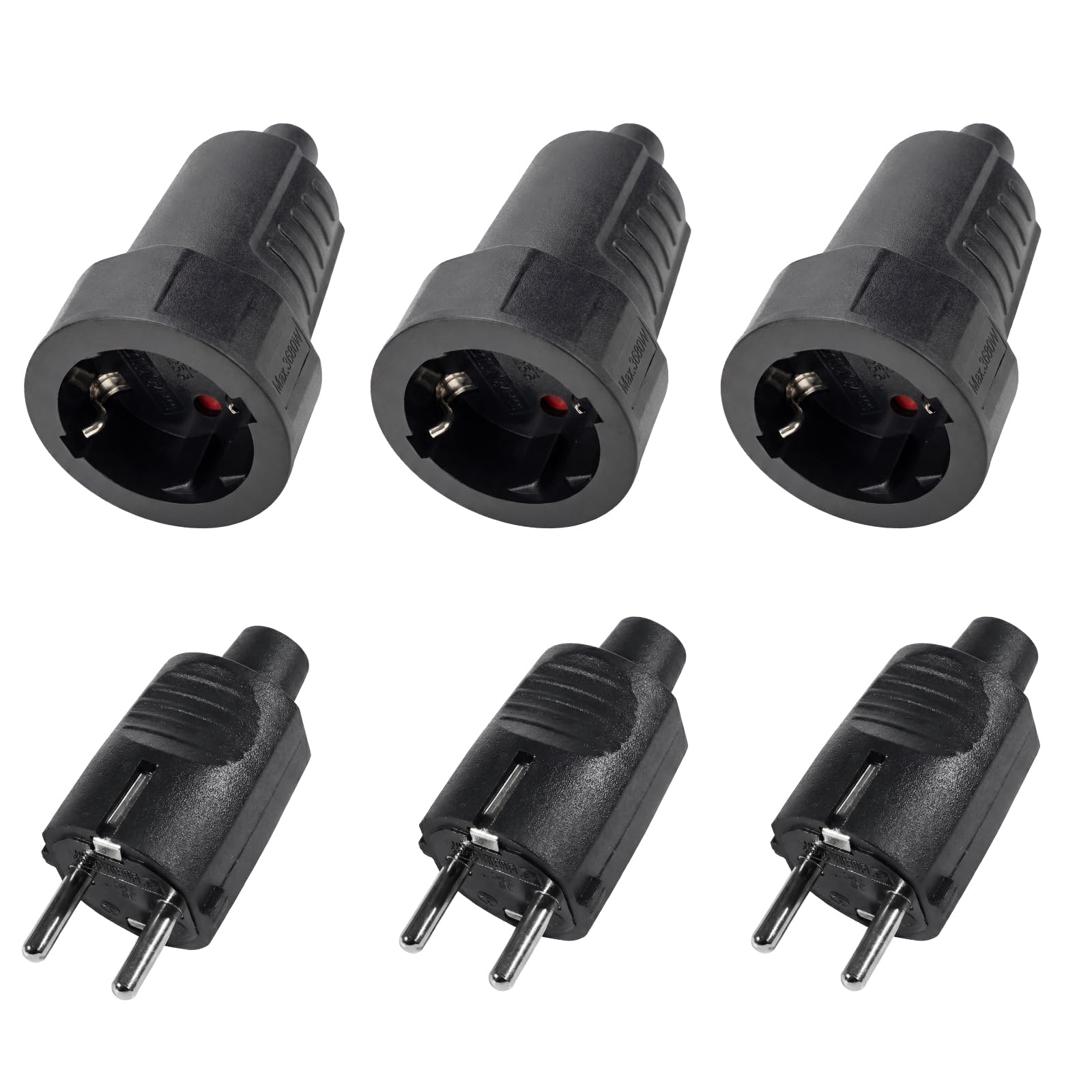 Kit de 3 Enchufes Schuko 250V IP44 – Clavija Enchufe Macho y Hembra con Alivio de Tensión para Interior y Exterior, 16A | 2 polos | Carcasa de Goma (Negro)