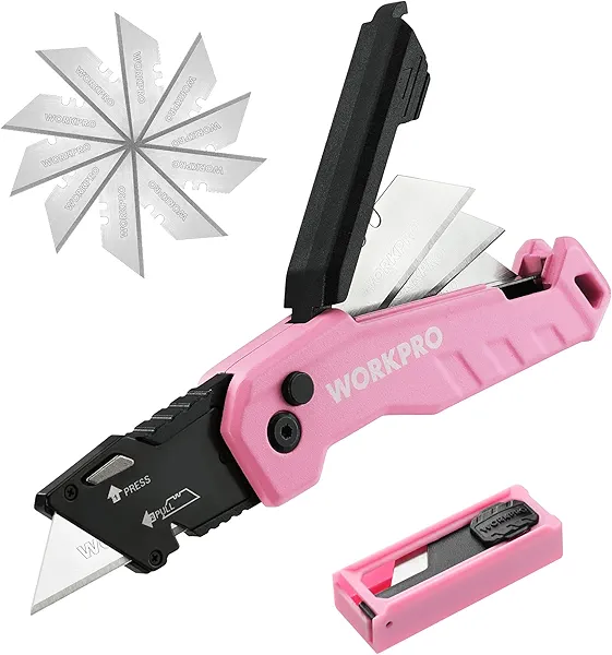 WORKPRO Folding Utility Knife, Quick Change Box Cutter, Razor Knife for Cartons, Cardboard, Boxes, Blade Storage in Aluminum Handle, 13 Extra Blades Included - Pink Ribbon