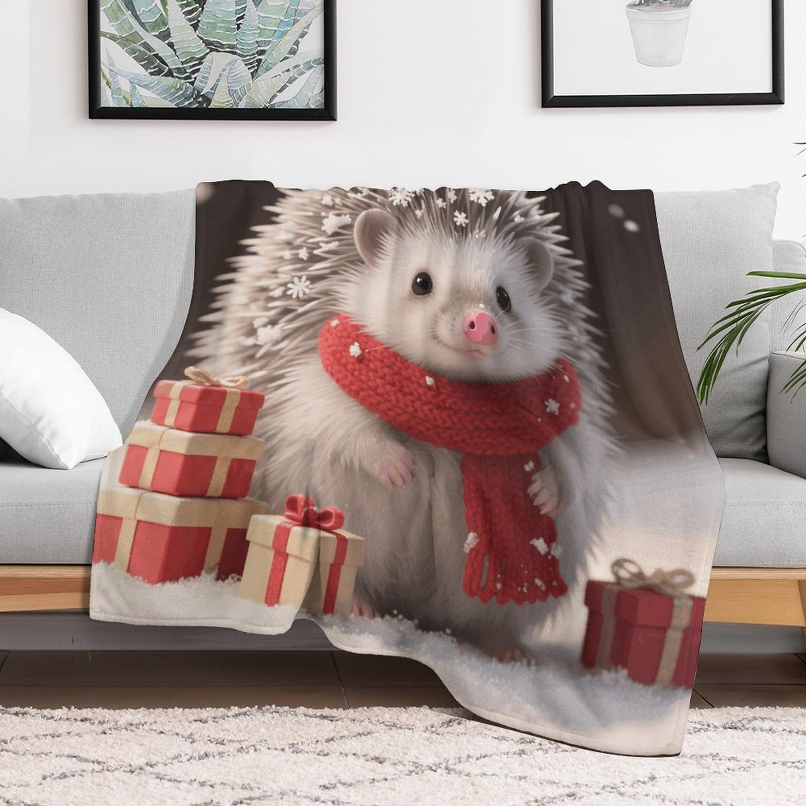 Custom Christmas Hedgehog Blanket Lightweight Flannel Fleece Throw for Couch Sofa Bed Luxury Soft Cozy Plush Lap Bedtime Blanket for All Seasons Bedroom Home Decor Gifts 40x50