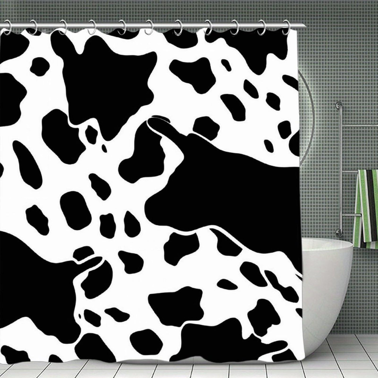 QMNLKH Black and White Cow Print Shower Curtain with Hooks, Waterproof Bath Curtains for Bathroom, Lightweight Bath Curtains Liner for Hotel, Personalized Bath Curtain for Spa, 70.8 Inch