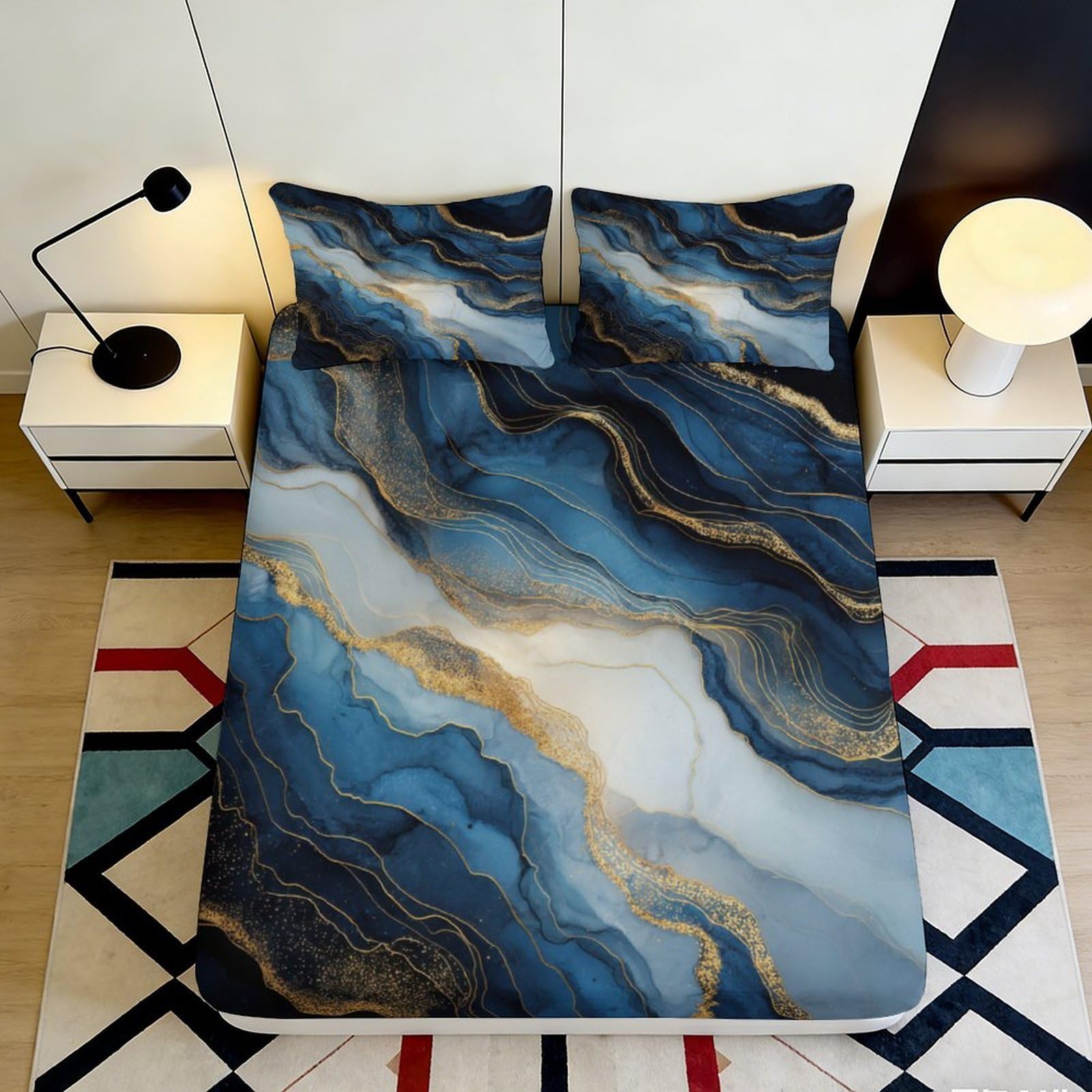 3D Printed Marble Ocean Fitted Sheet Microfiber Soft Breathable Gold Wave Mattress Cover for Bedroom Guest Room Decor 120x200x25cm