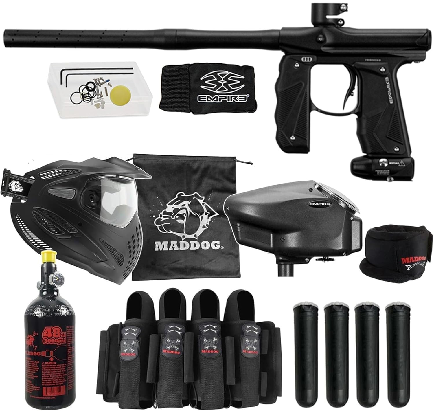 Maddog Empire Mini GS Full Auto Paintball Gun Marker w/HPA Tank, Empire Halo Too Loader, Thermal Anti-Fog Paintball Mask Goggle, Neck Protector, 4+3 Harness &amp; (4) Pods Starter Package