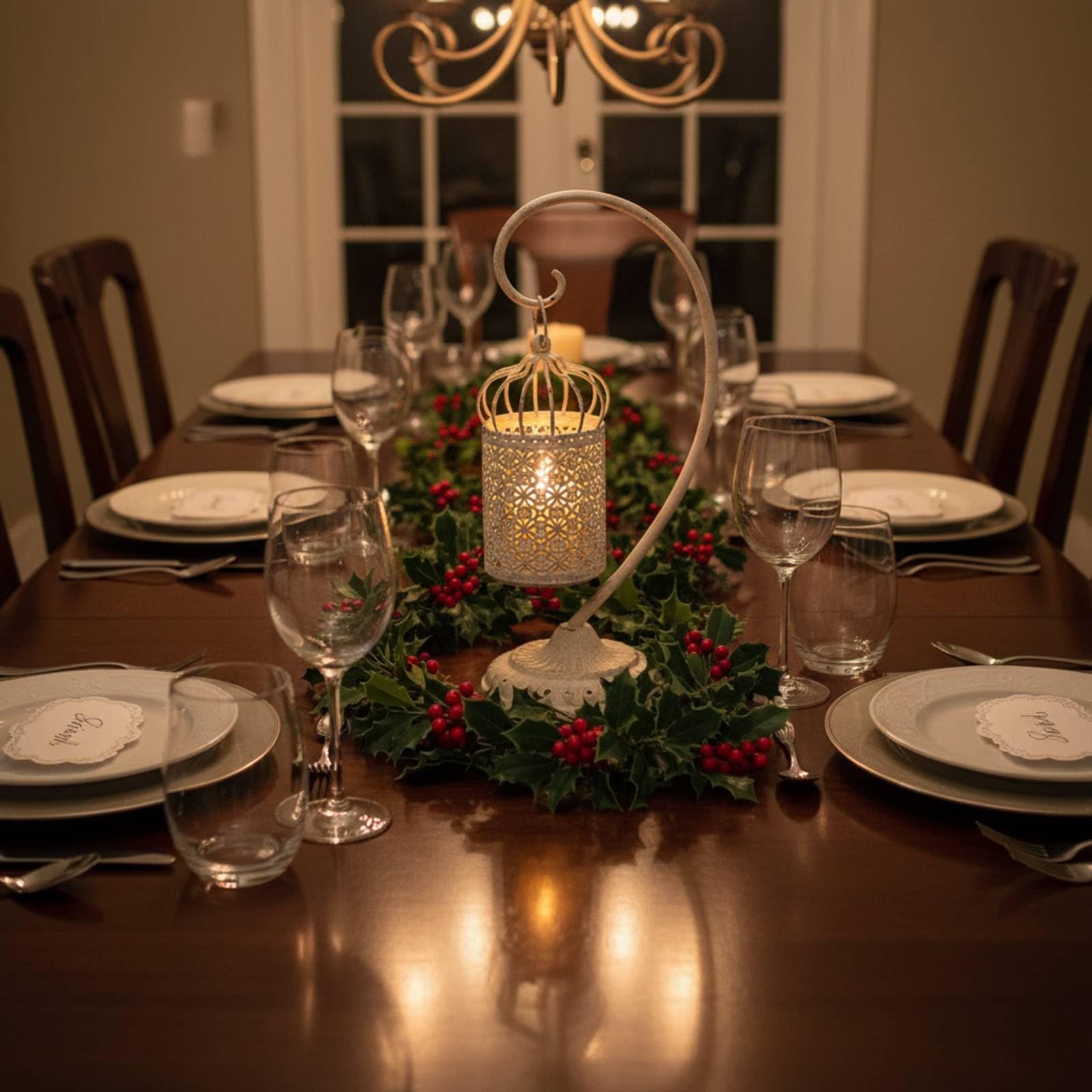 Portavelas Decorativo Farol Colgante Linterna Soporte Gancho Curvo Hierro con Base Estable Cuerpo Cilíndrico con Calados Florales Ilumina con Dibujos, Blanco