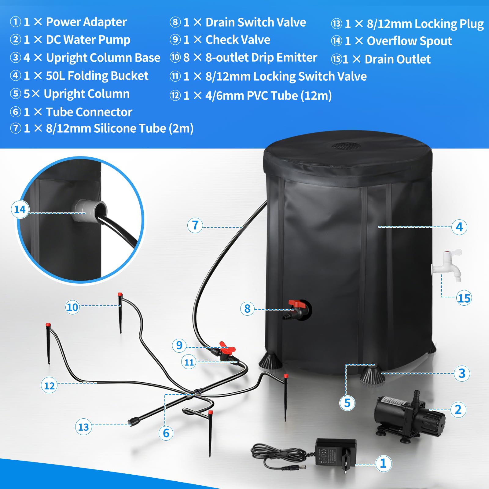 SWAWIS Automatyczny system nawadniania, rośliny pokojowe, 50 l, z pompą wodną 25 W, 8 dysz kropelkowych, do wnętrz, trawnika, szklarni, podwórza