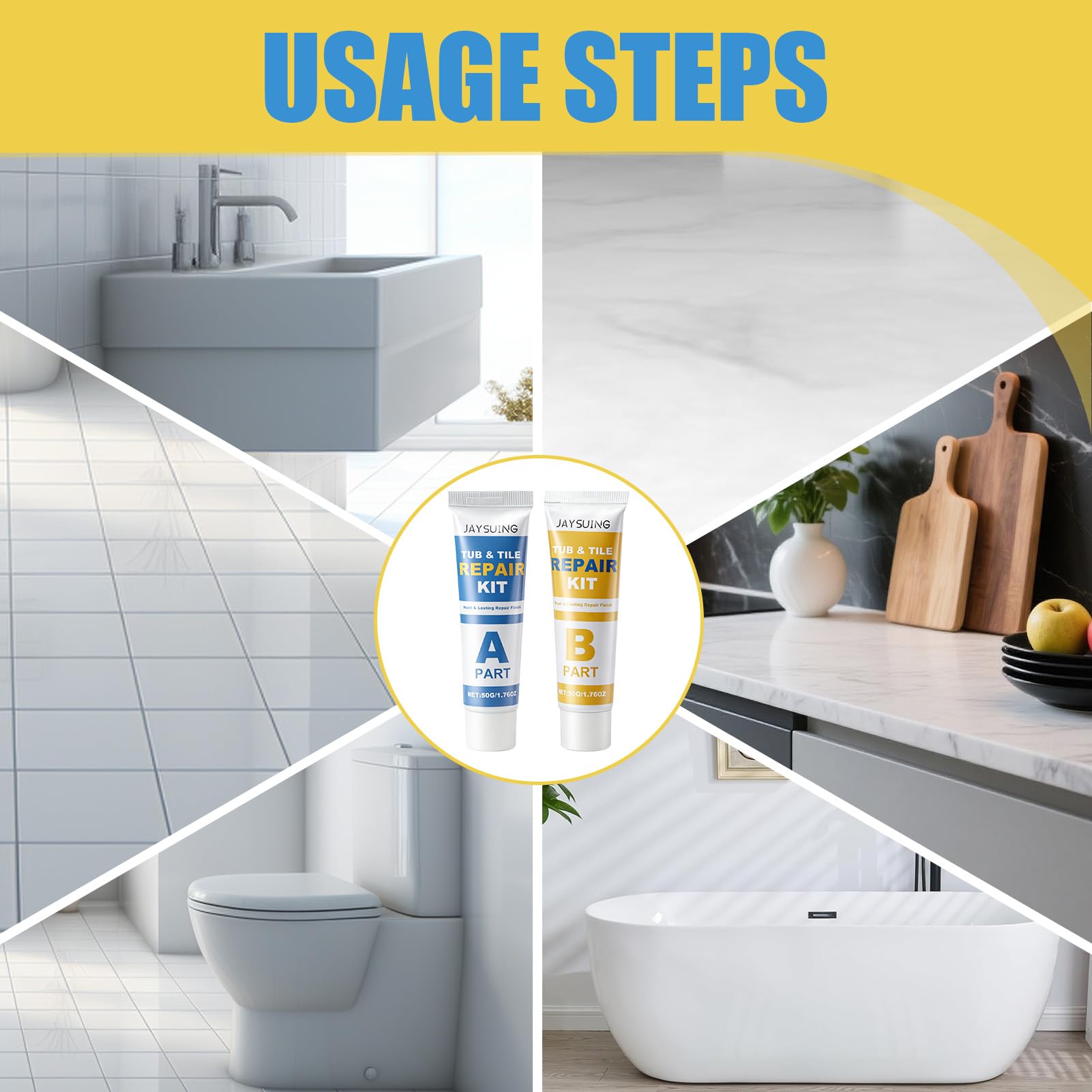 Kit Riparazione Piastrelle per Superfici in Ceramica e Marmo, Kit Riparazione Ceramica con Resina Epossidica AB 50G×2, Spatola e Accessori per Lavabo, Vasca, Piatto Doccia, Pareti e Pavimenti