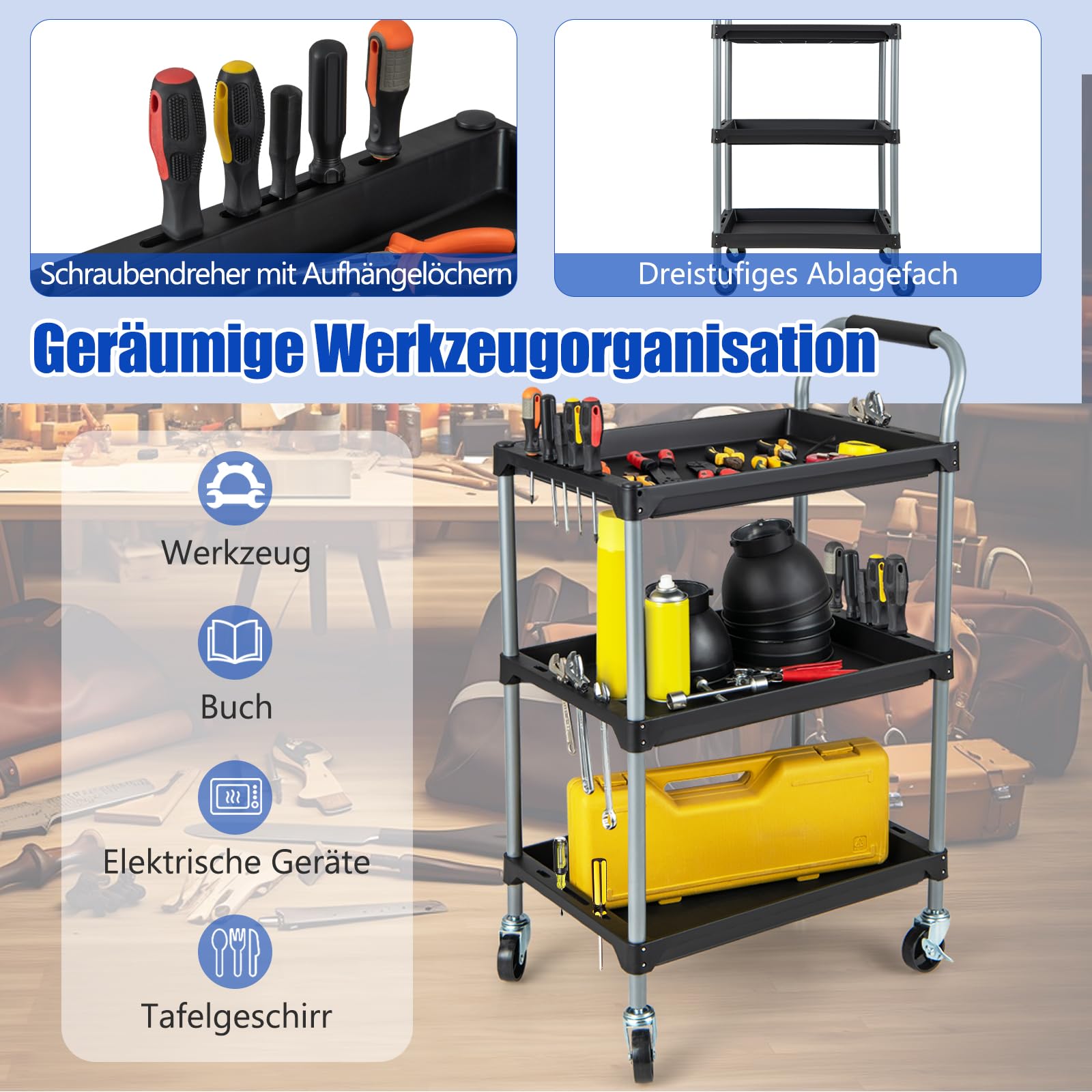 GYMAX Carrito de Herramientas de 3 Pisos, Organizador Móvil con Ruedas Giratorias con Frenos, Perforaciones para Guardar Destornilladores, Carrito de Trabajo Robusto para Taller Mecánico, Cocina