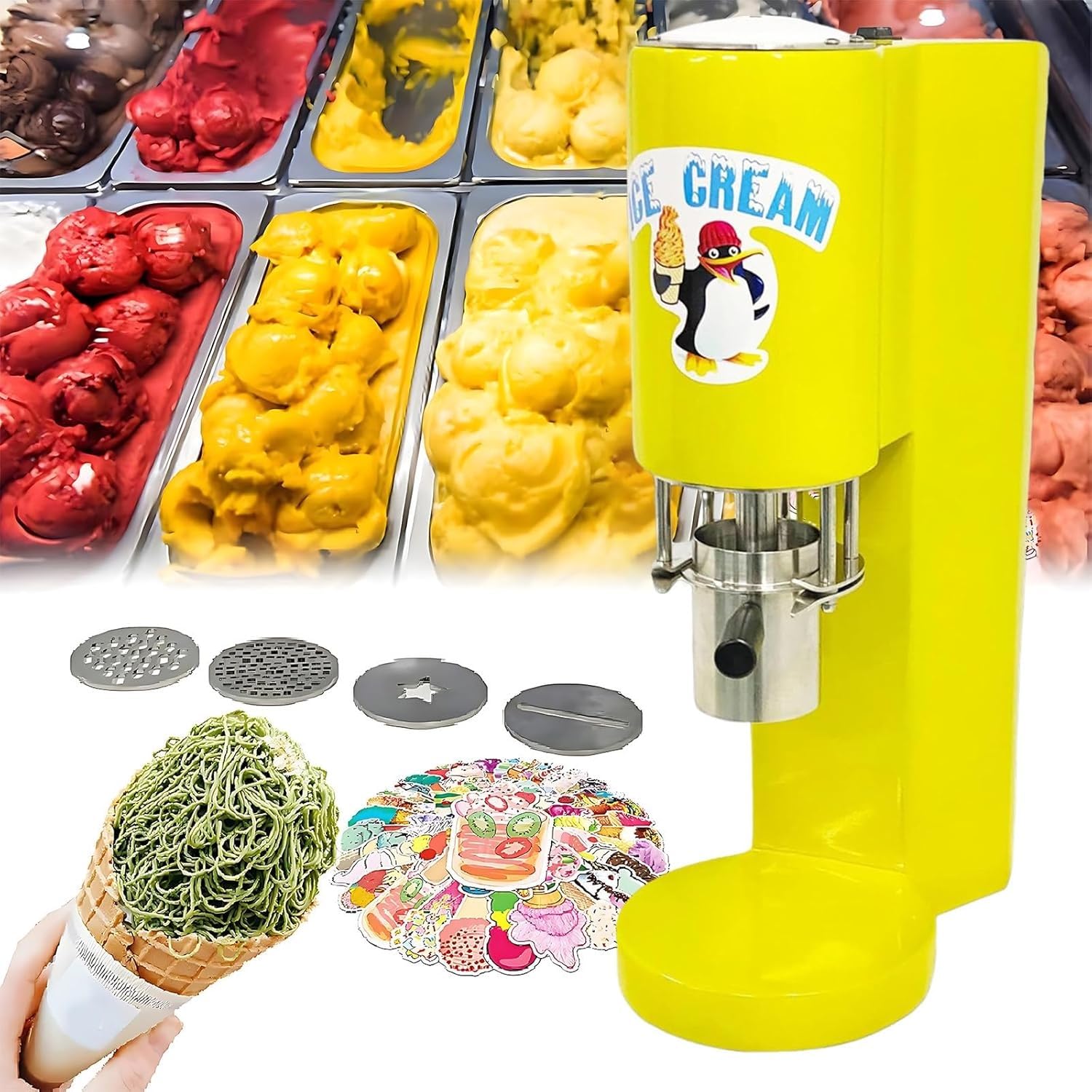 Macchina per Gelato a Forma Di Spaghetti, Con 4 Stampi Intercambiabili, Design Salvaspazio, Funzionamento Con Un Solo Tocco, Facile Da Pulire, Macchina Professionale per Dessert Soft Serve(C)
