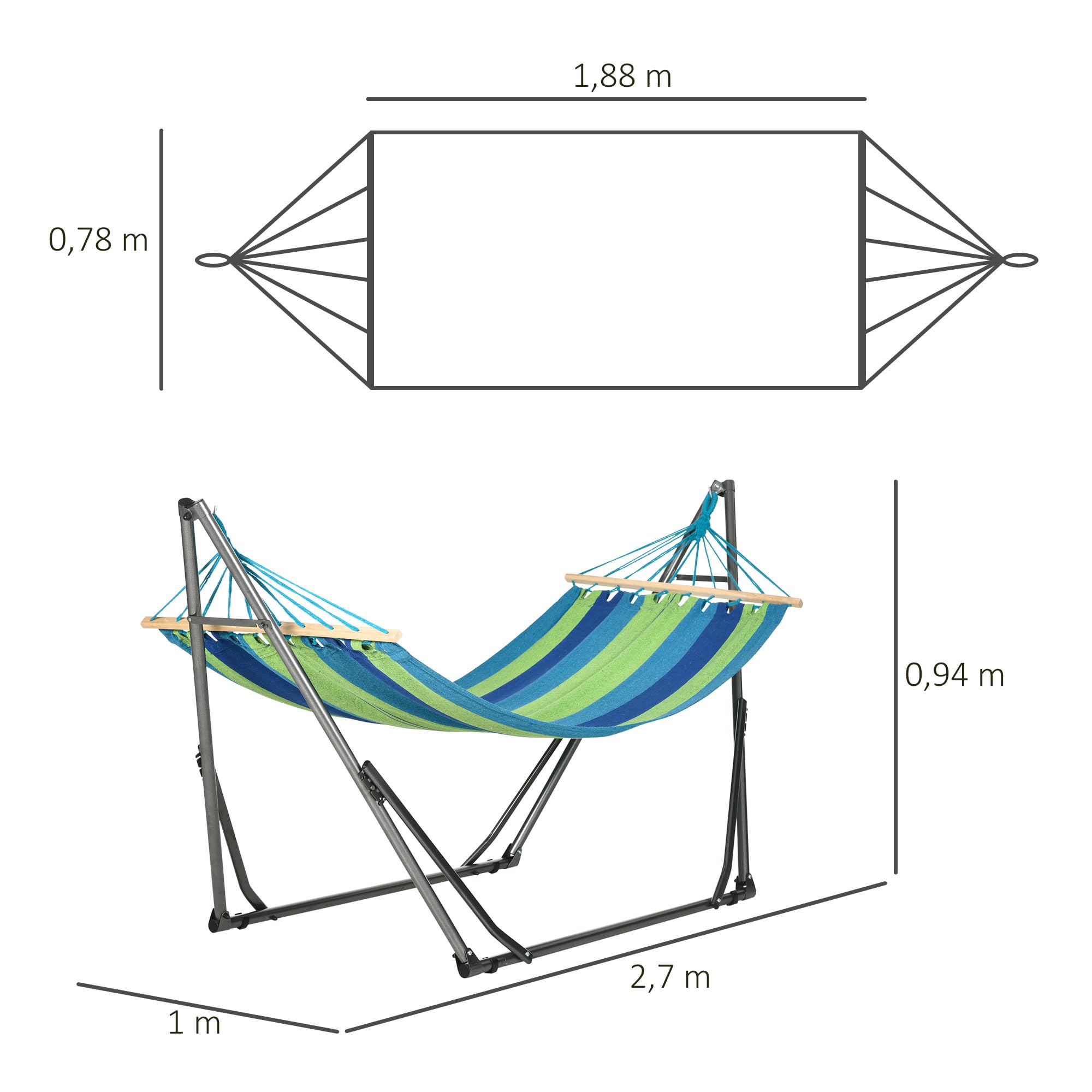 Outsunny Hamaca con Soporte Plegable 2 en 1, Tendedero con Barra, Estructura de Acero, Hamaca de Camping Portátil de Algodón, Carga 120 kg, para Jardín, Patio, Terraza, 270x100x94 cm, Azul y Verde