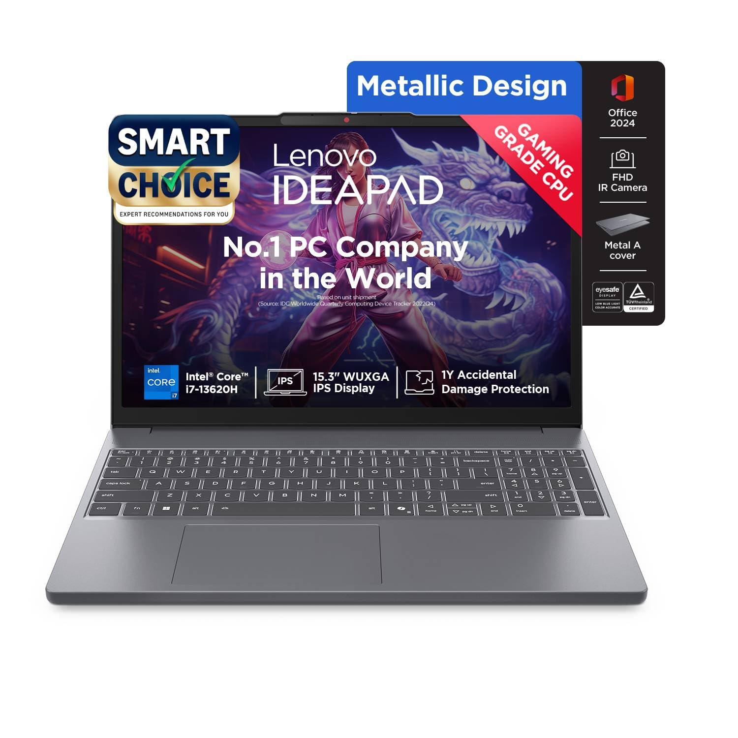 Lenovo Ideapad Slim 3, 13th Gen Intel Core i7 13620H, 16GB RAM, 512GB SSD, WUXGA IPS, 15.3"/38.8cm, Win 11, Office 2024, Top Metal Cover Grey, 1.6Kg, 83K100CJIN/S1IN, Backlit KB, Laptop