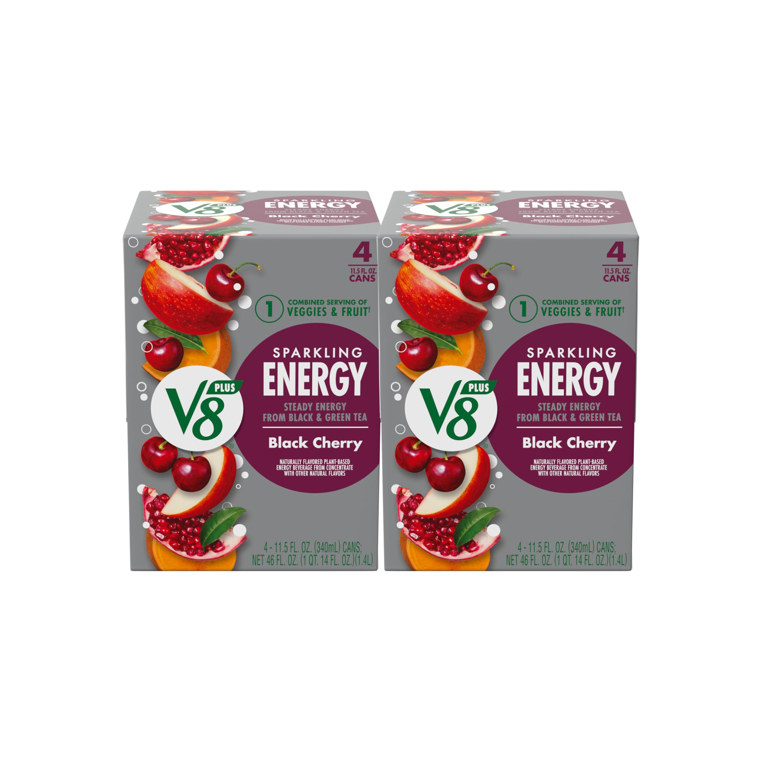 V8 +Energy Sparkling Black Cherry Juice Energy Drink, 11.5 fl oz Can (Pack of 8)