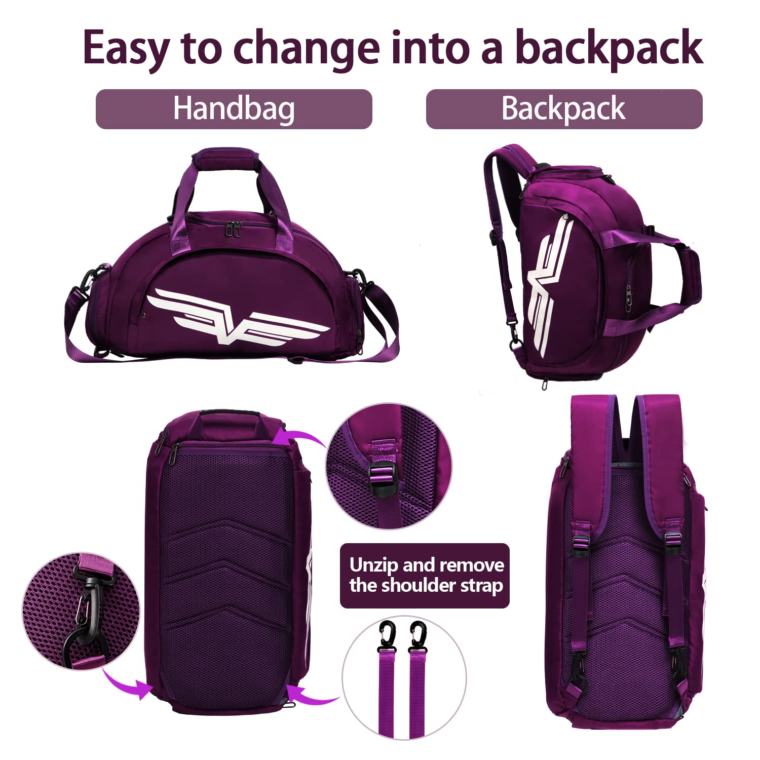 FIORETTO 30L Sports Gym Bag with Wet Pocket & Shoe Compartment, Sports Holdall Backpack for Men Women Violet - Image 3
