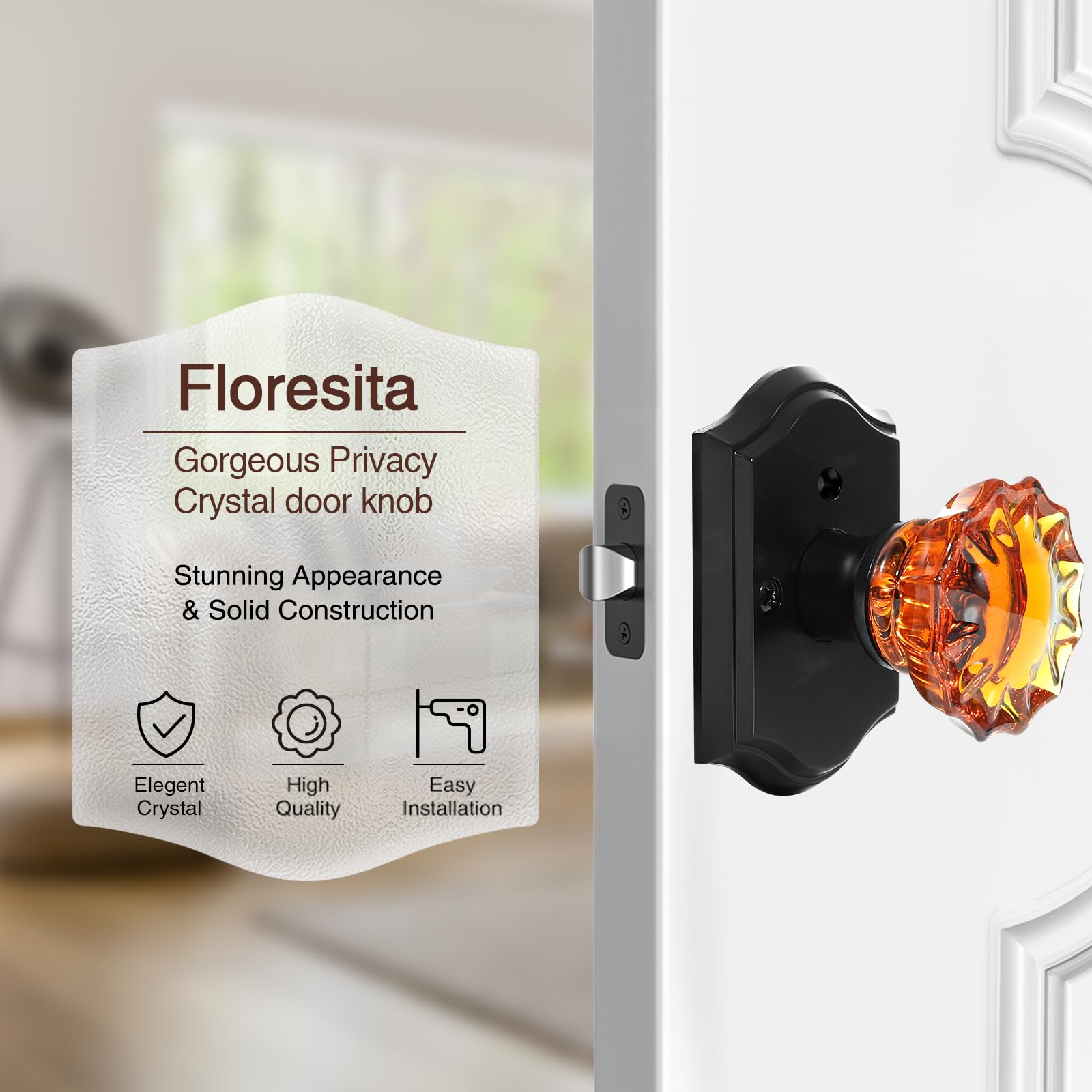 Crystal Rose Door Knobs - Black & Brown with Lock -4