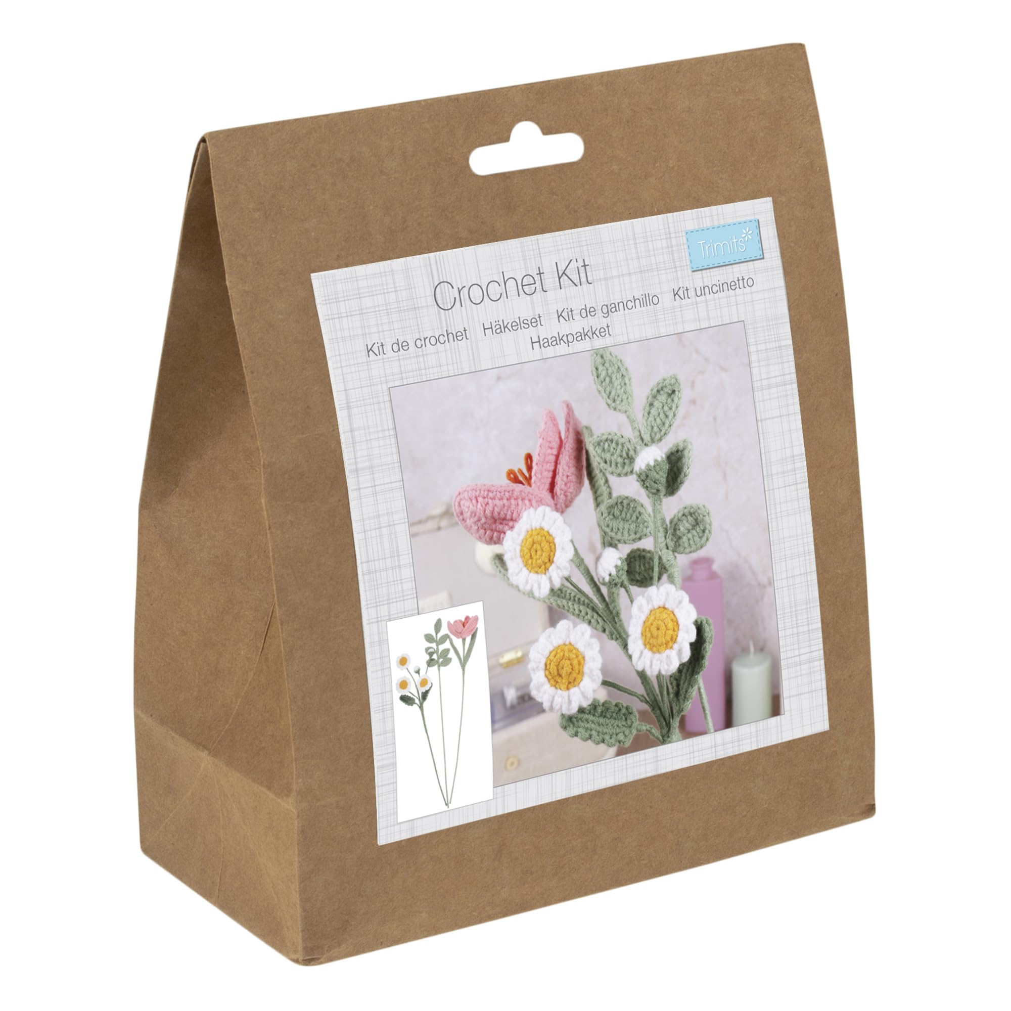 Trimits Crochet Kit - Floral Blooms (11 x 42cm) - with Yarn, Crochet Hook, Zip, Stitch Markers, Needle and Instructions - A Satisfying Crochet Project Creating a Charming, Handmade Floral Decoration.