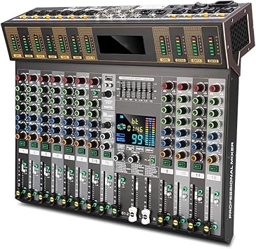 12-Channel Audio Mixer Board, DJ Mixer Sound Console, with 99 DSP Effects/7-Band EQ, Bluetooth, USB Interface, 48V Phantom Power, for Podcast, Music, Recording, PC