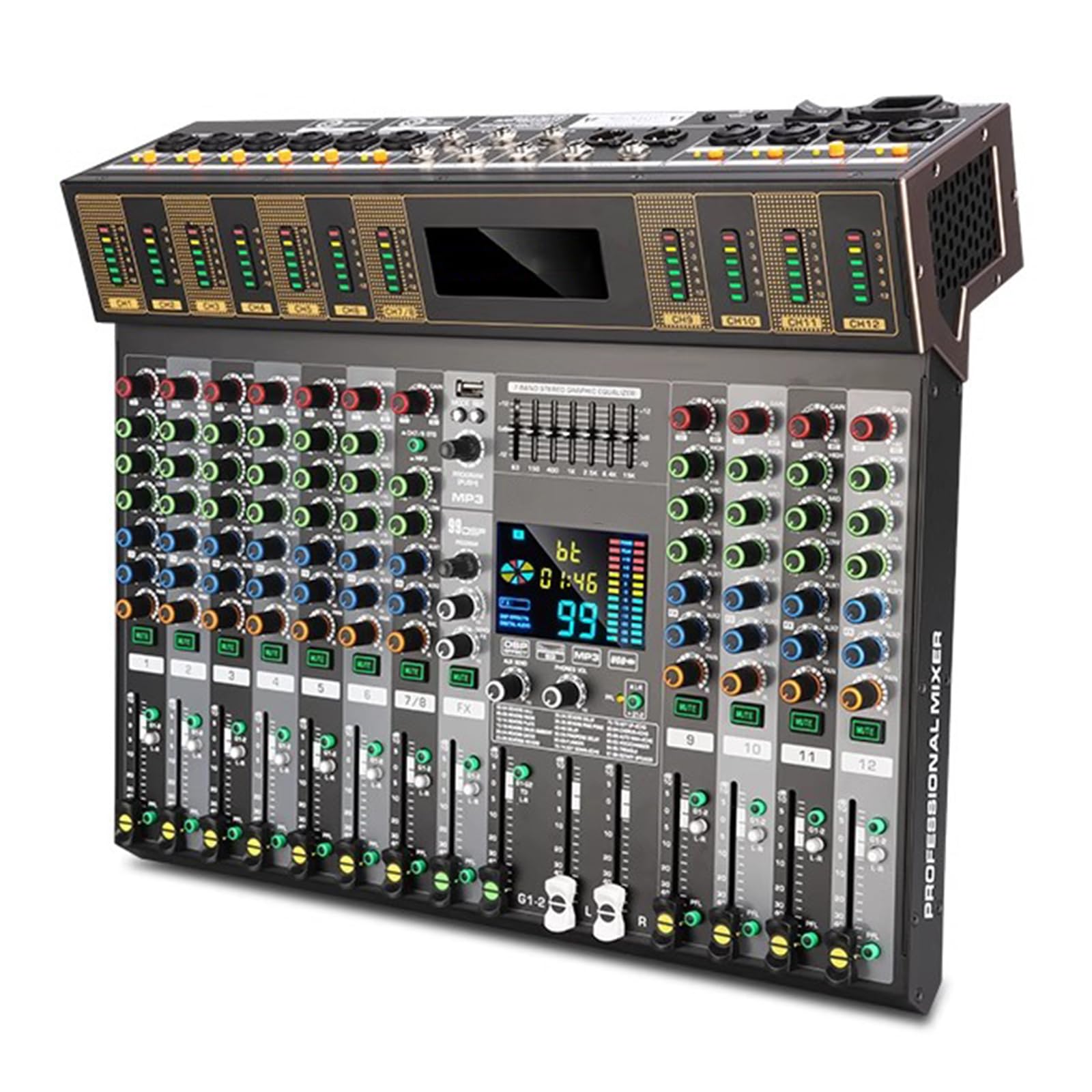 12-kanałowa płyta miksera audio, konsola dźwiękowa miksera DJ, z 99 efektami DSP/7-pasmowym EQ, Bluetooth, interfejsem USB, zasilanie fantomowe 48 V, do podcastów, muzyki, nagrywania, PC