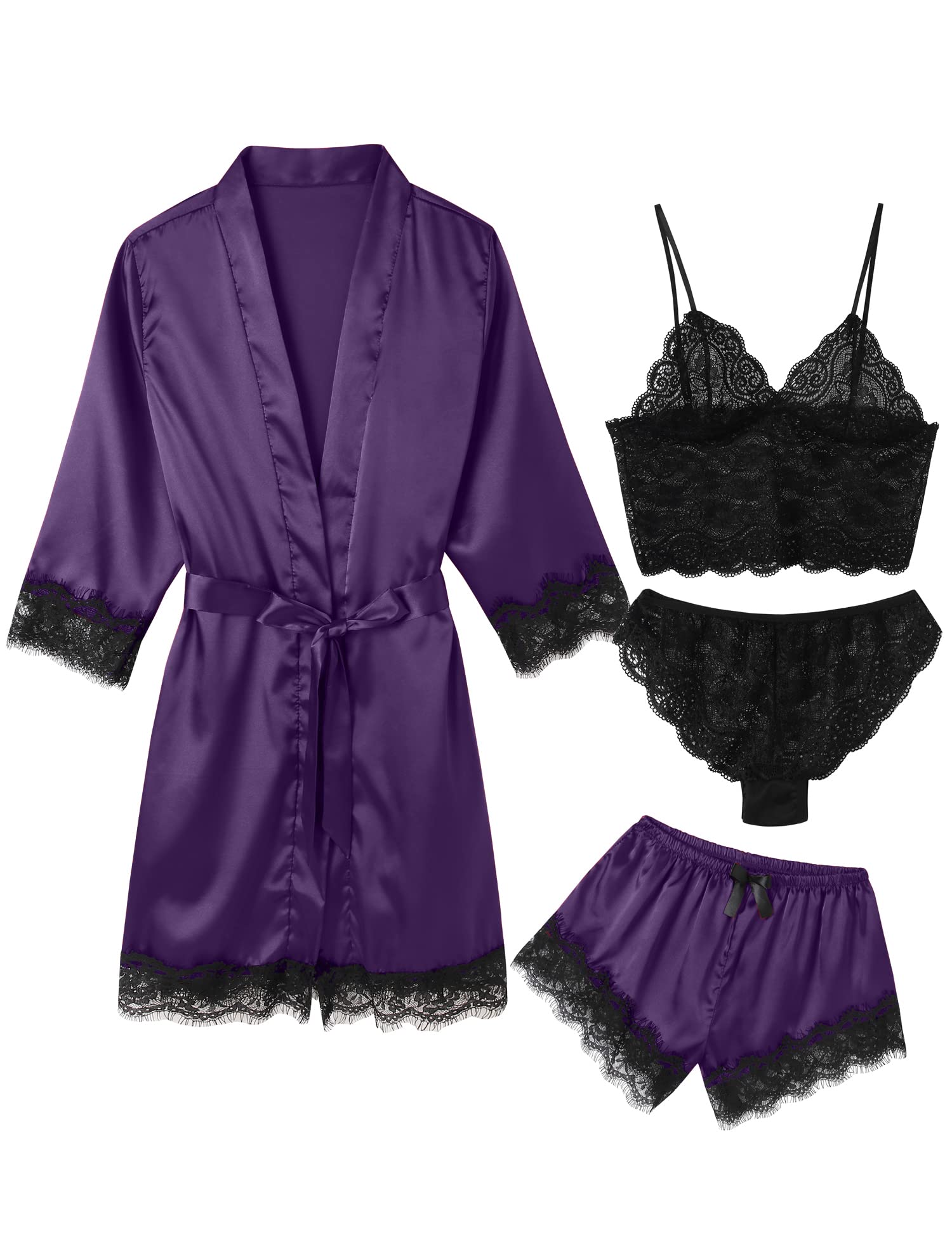 Women's Pajama Satin Sexy Lingerie Robe Set 4 Piece Silk Lace Pjs