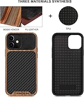 Vista 2 de TENDLIN Compatible con iPhone 12 CaseiPhone 12 Pro Funda de grano de madera con textura de fibra de carbono, funda híbrida de cuero negro