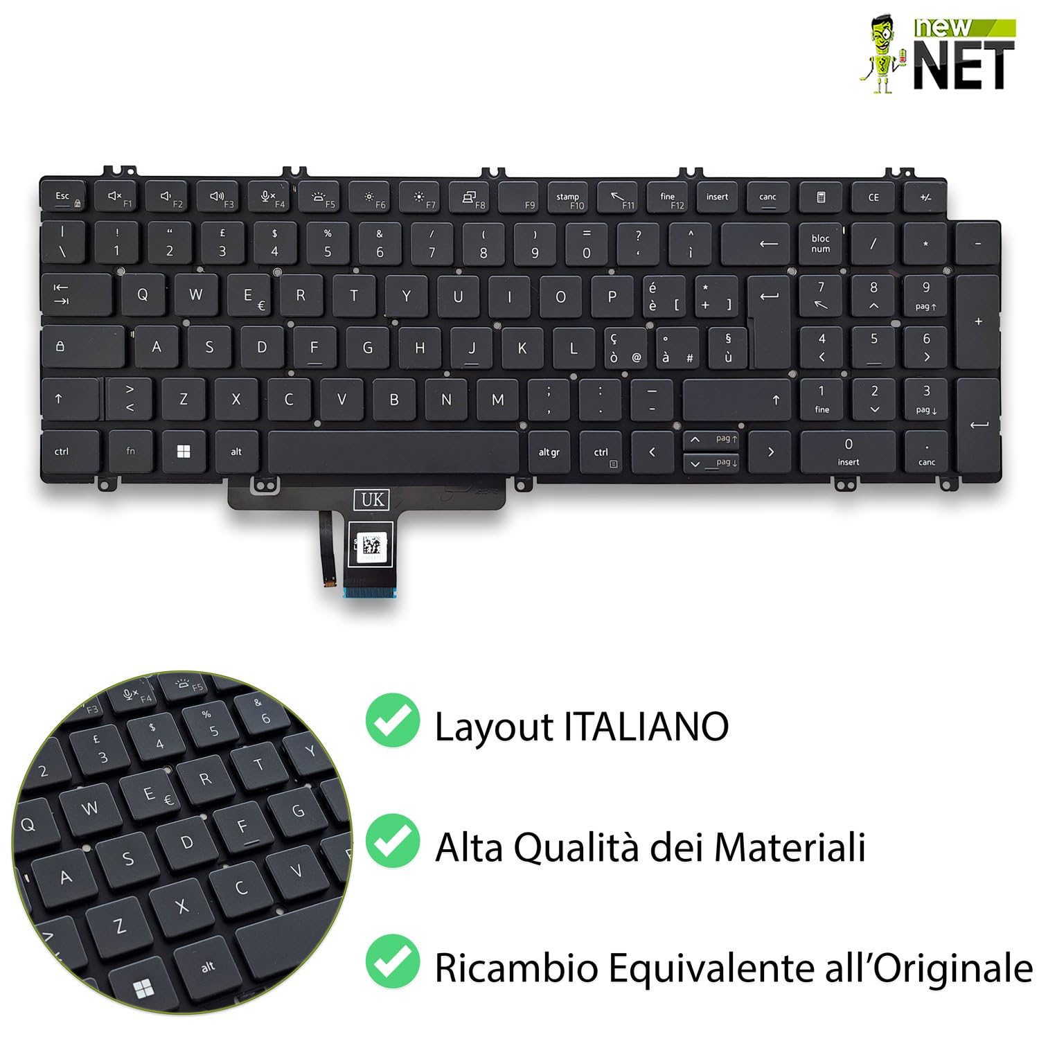 new net - Tastiera Compatibile con dell Latitude 5520, 5521, 5530, 5531, 5540, 3540 [Senza Frame - Colore Tasti Nero - Retroilluminata - Layout ITA]