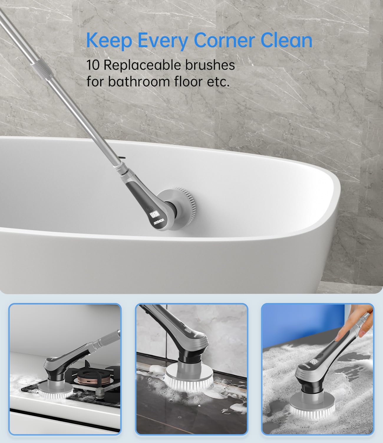 Vovguu Upgrade Electric Spin Scrubber, Cordless Electric Scrubber for Cleaning with 2 Speeds & 10 Replaceable Heads, Electric Shower Cleaning Brush with 50In Extaension Handle for Bathroom Tub Kitchen