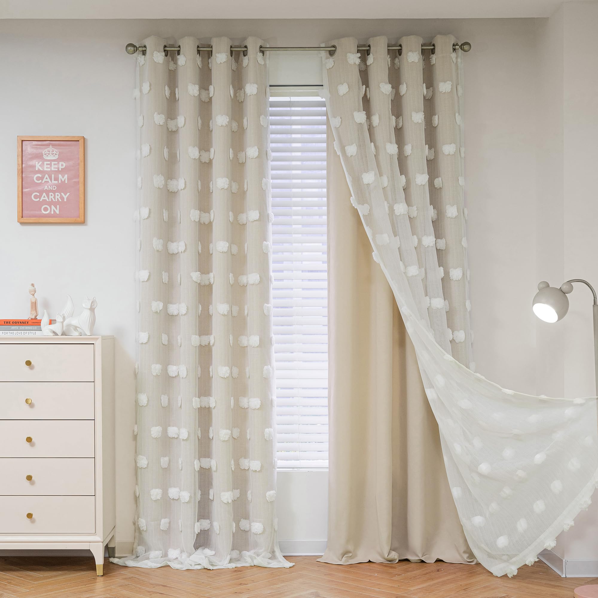 MYSKY HOME Beige Curtains for Living Room 95 Inches Long Nursery Curtains for Bedroom Double Layer Curtains White Pom Pom Sheer Curtains for Dining Room Grommet Room Darkening Window Panels W52 X L95