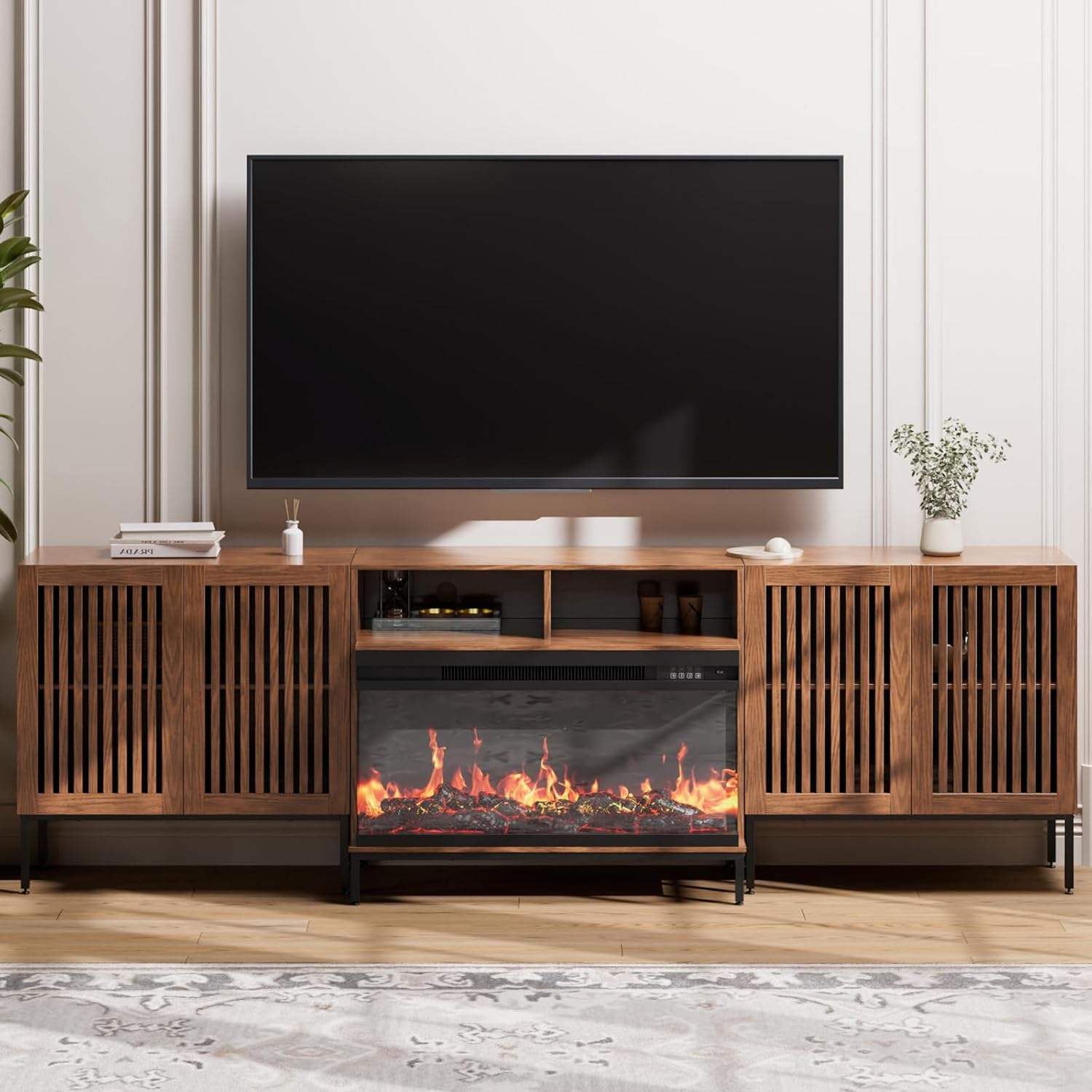Assembled BVIUNTWO 100 Inch Farmhouse Fireplace TV Stand with a large TV