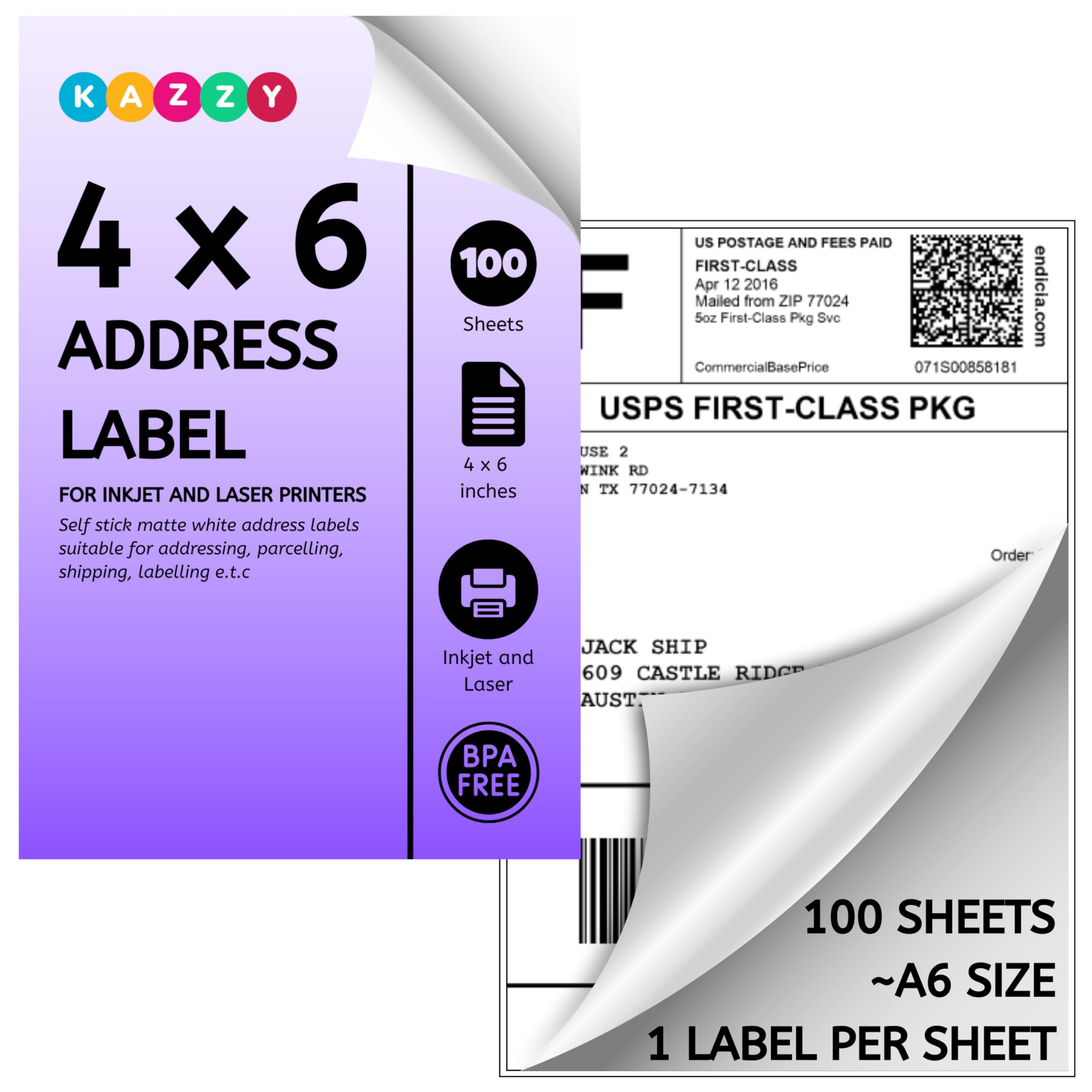 4x6 self Adhesive Address Labels Stickers for Inkjet Printer & Laser | Personalised 6x4 Large Sticky Printer Labels Stickers | Shipping Paper Wine Bottle Labels for Printer |100 Postage Parcel Labels