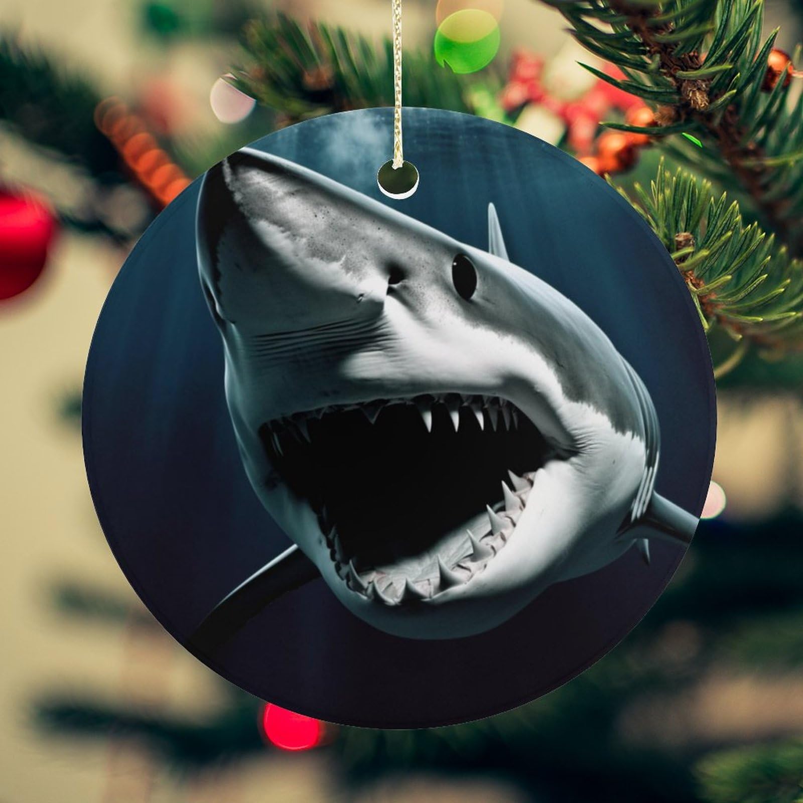 Shark Christmas Ornament for Christmas Tree Ceramic Round Ornament Winter Holiday Keepsake Gift 2.7" Christmas Tree Hanging Decorations Circle Ceramic Pendant Xmas Gift