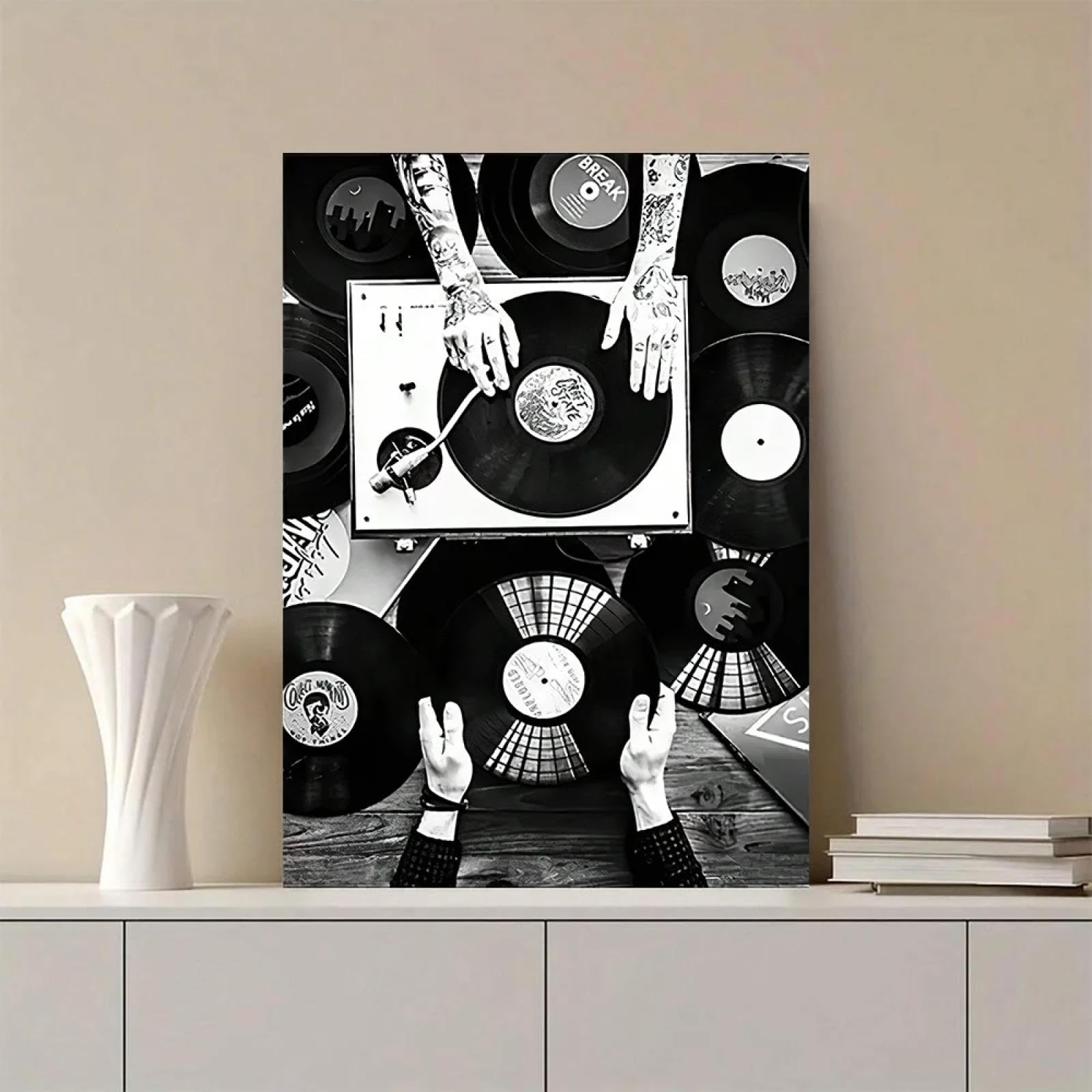 CHAOJIART Vintage czarno-białe płyty winylowe proste czytelniki ścienne plakaty drukowane na płótnie HD do domu salonu sypialni dekoracja 80 x 120 cm rama wewnętrzna