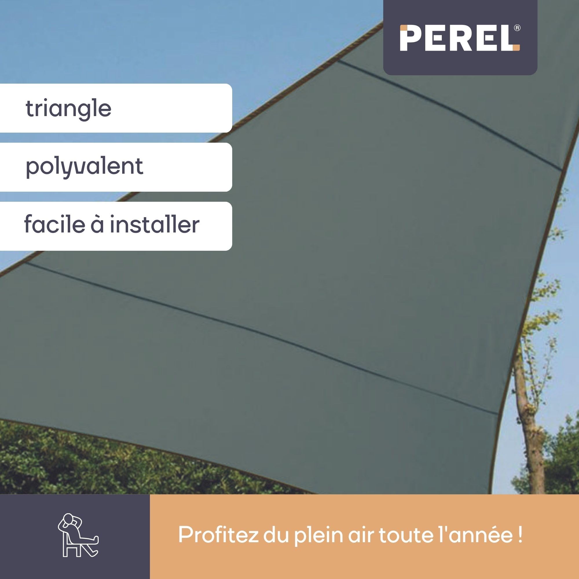 Perel Voile d’ombrage Triangulaire 5 x 5 x 5 m en Polyester Respirant et déperlant pour Jardin et terrasse, Protection UV 90%, Vert Gris