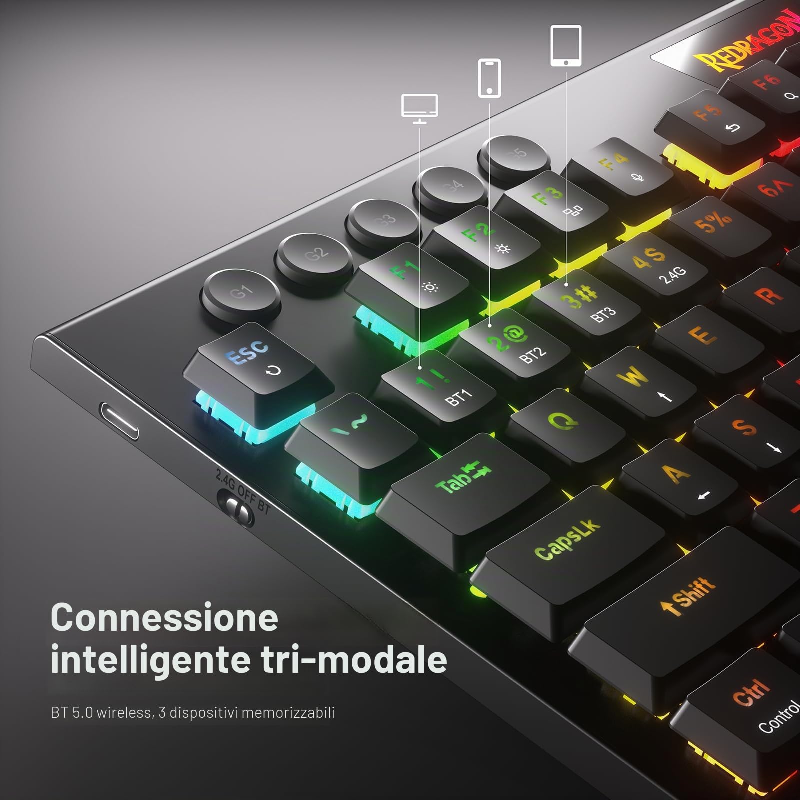 Redragon K618 Horus Tastiera Meccanica Tri-Mode BT/2.4G RGB | tastiera meccanica tri-mode BT 2.4G cavo RGB tasti piatti gioco controllo multimediale interruttore rosso lineare US