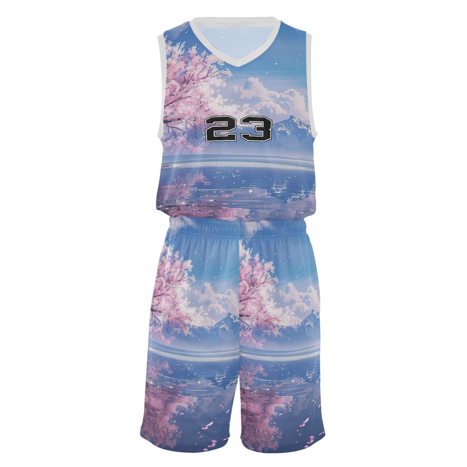 FLildon Cherry Blossom Tree Landscape Boys Basketball Jersey Set Tank Top Shorts Tracksuit Sport Training Suit for Kids, M