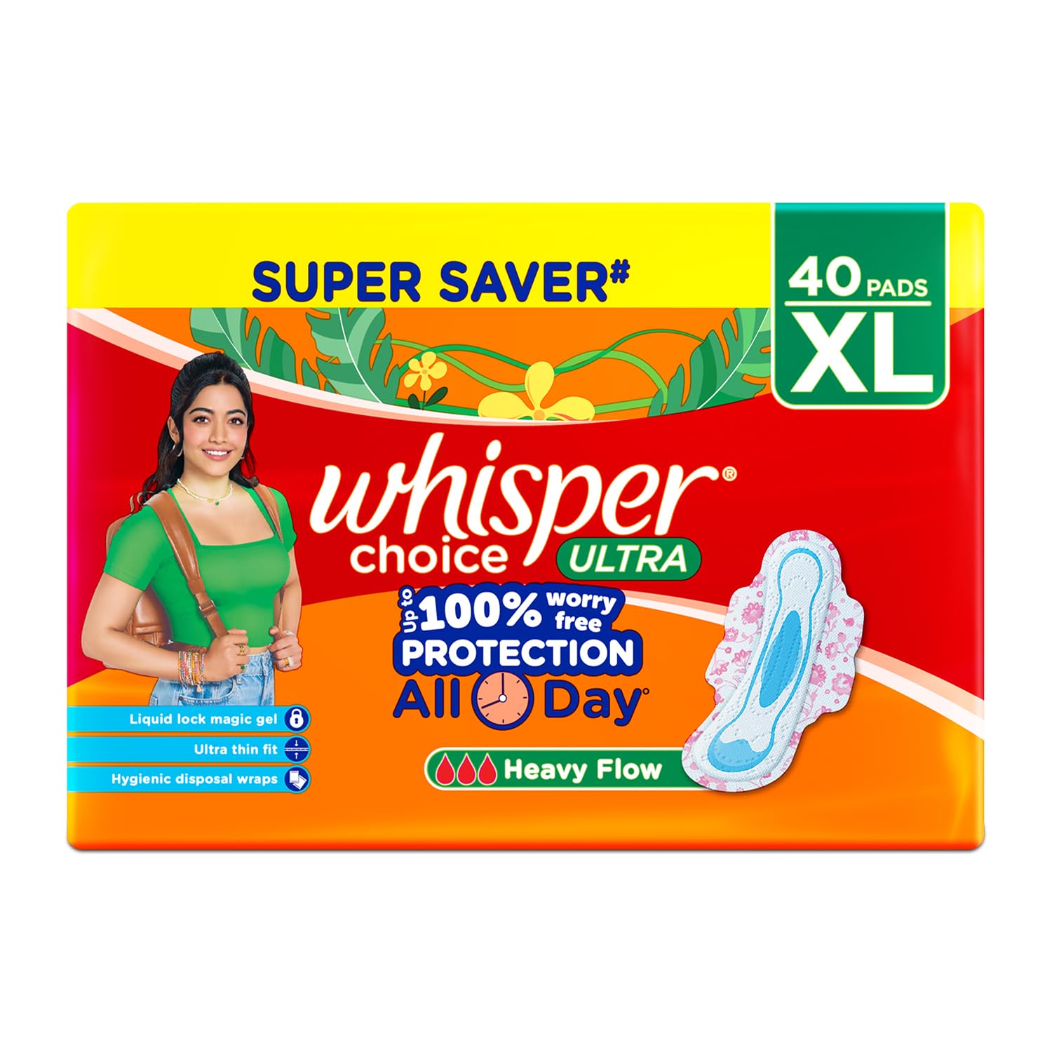 Whisper Choice Sanitary Pads with Wings for Women, XL, 40s Napkins