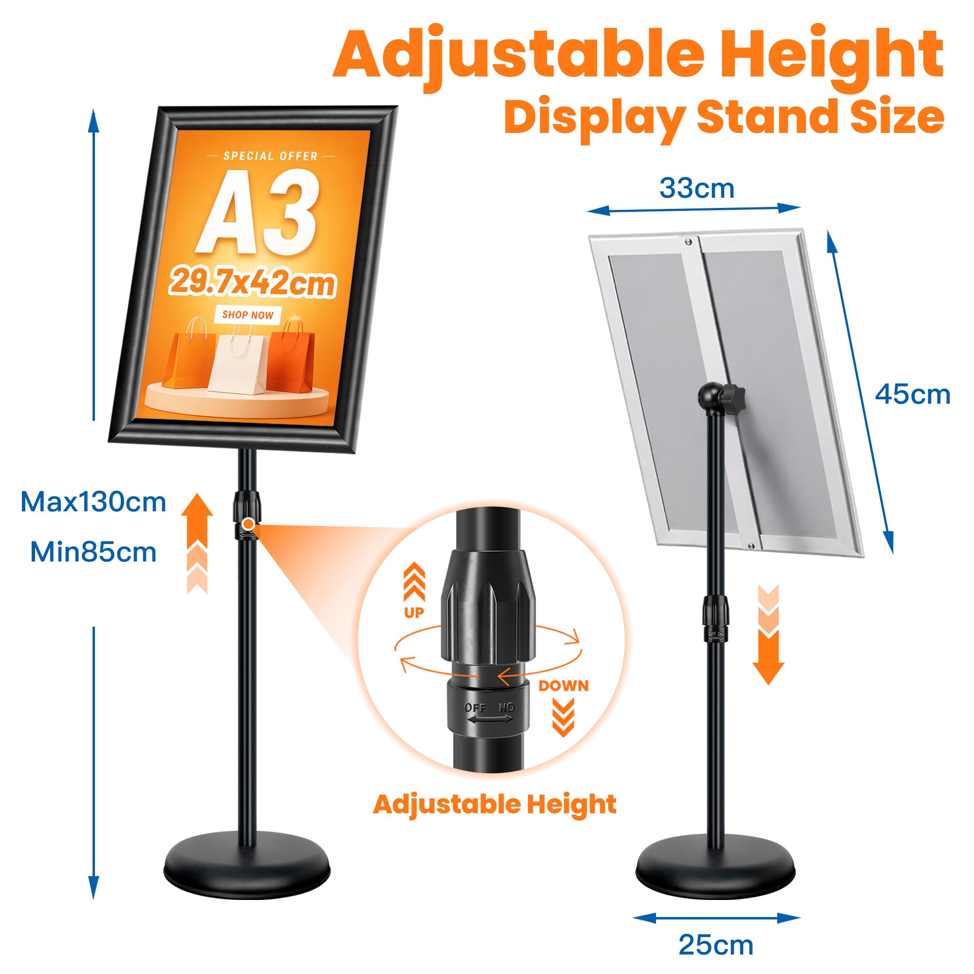 Lote de 4 Soporte para Carteles A3 de Pie – Soporte ajustable para Información, Menús, Póster, Restaurante, Exhibición y Uso en Exteriores, Expositor Publicitario con Marco Clipsable – Negro