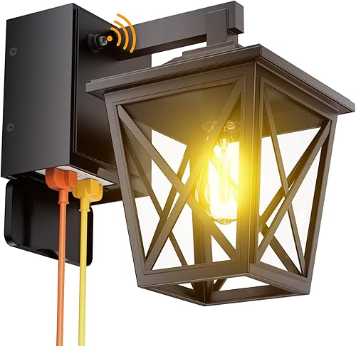 ehaho Luces de porche con tomacorriente, luz exterior del atardecer al amanecer con toma de corriente integrada, luz exterior de aluminio