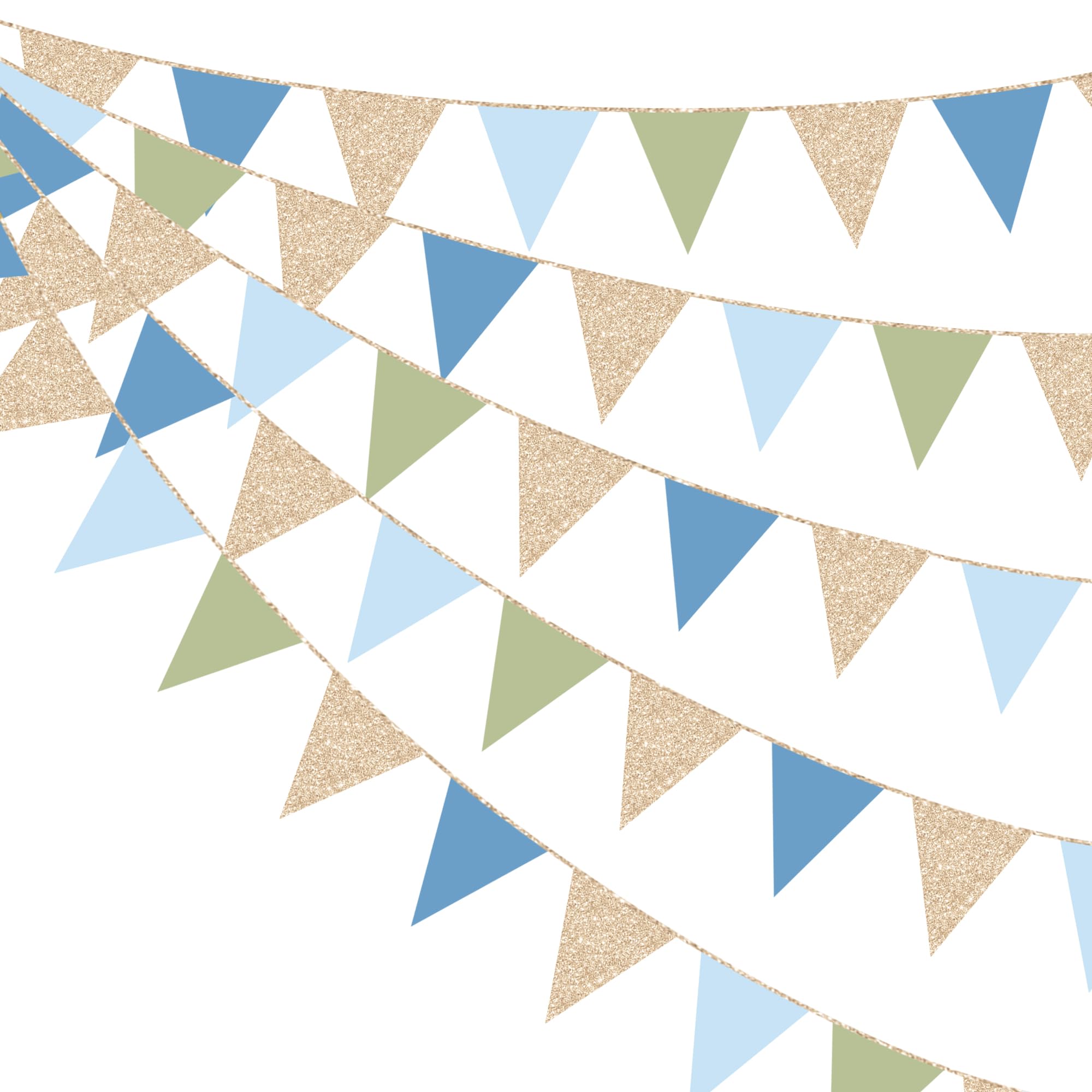 30Ft Champagne Gold Dusty Blue Sage Green Bunting Banner Party Decorations Olive Green Blue Hanging Glitter Paper Triangle Flag Pennant for One Silly Goose Birthday Wedding Baby Shower Golf Party