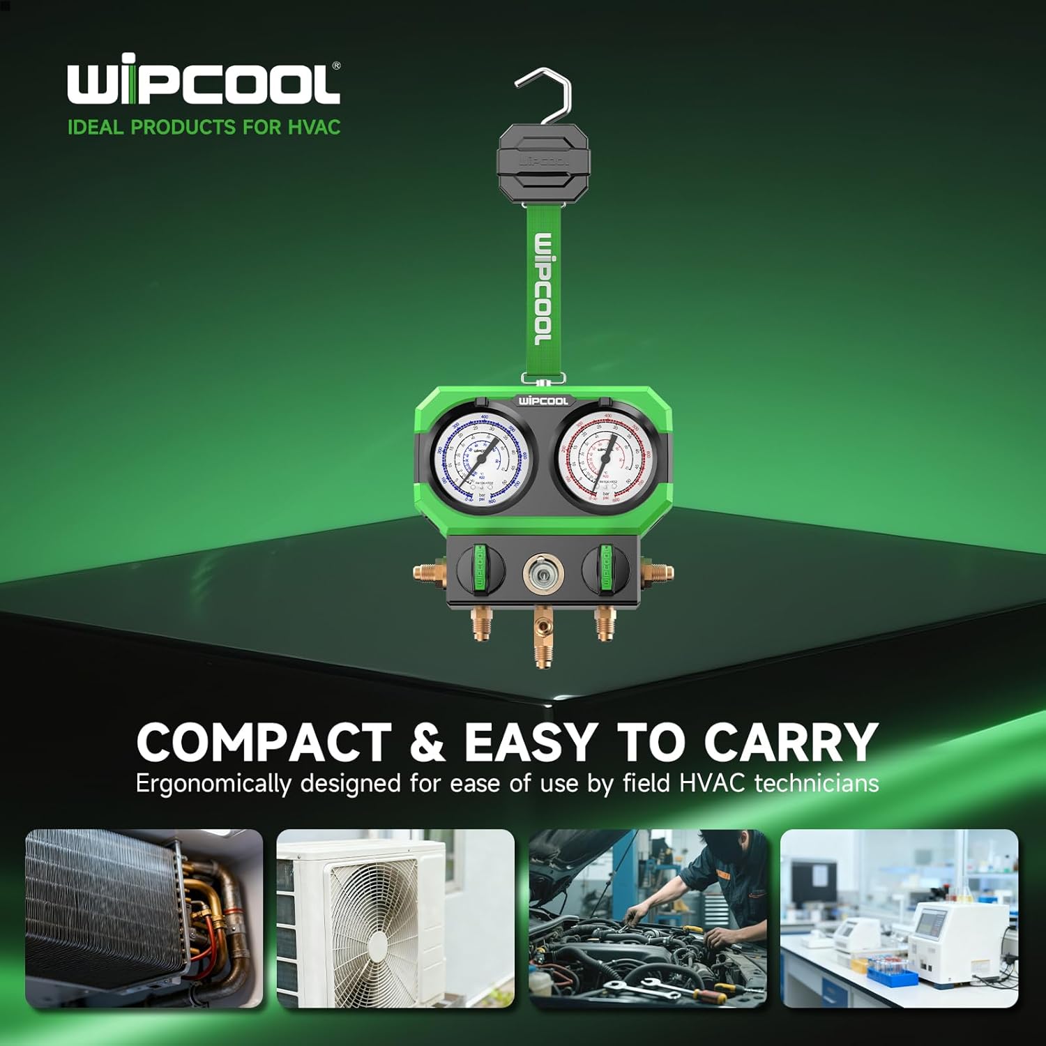 WIPCOOL Manifold Gauge for R22 R410A/R32 R404A R407C Air Conditioning Refrigerants, with Sight Glass 3 * 1/4" SAE Ports, Shockproof Integrated Design
