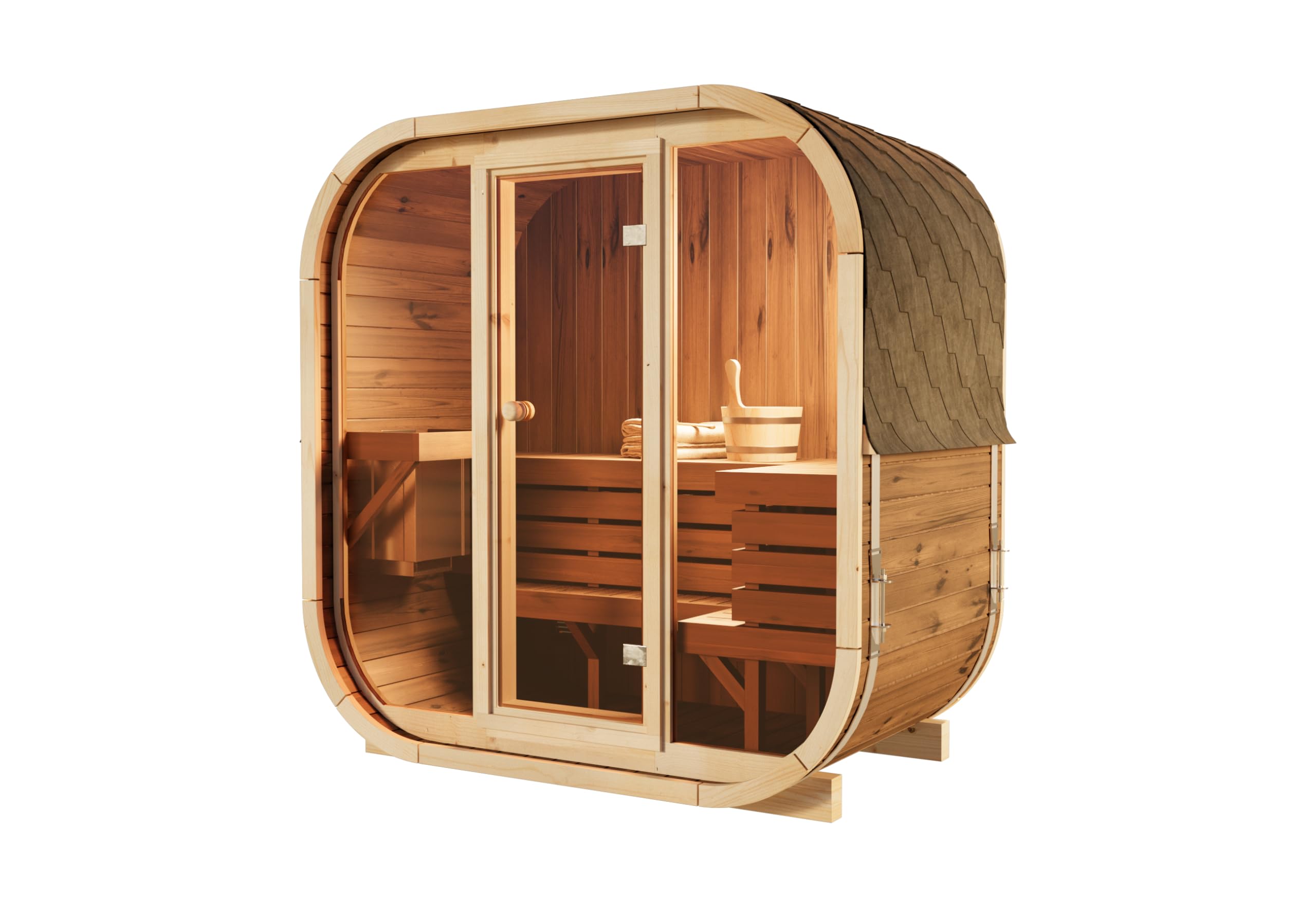 Fasssauna Ellipso M, Moderne Outdoor Sauna inkl. Dacheindeckung, Kompakte Gartensauna mit Glasfront, B 196 x T 119 x H 203 cm, 3 Personen