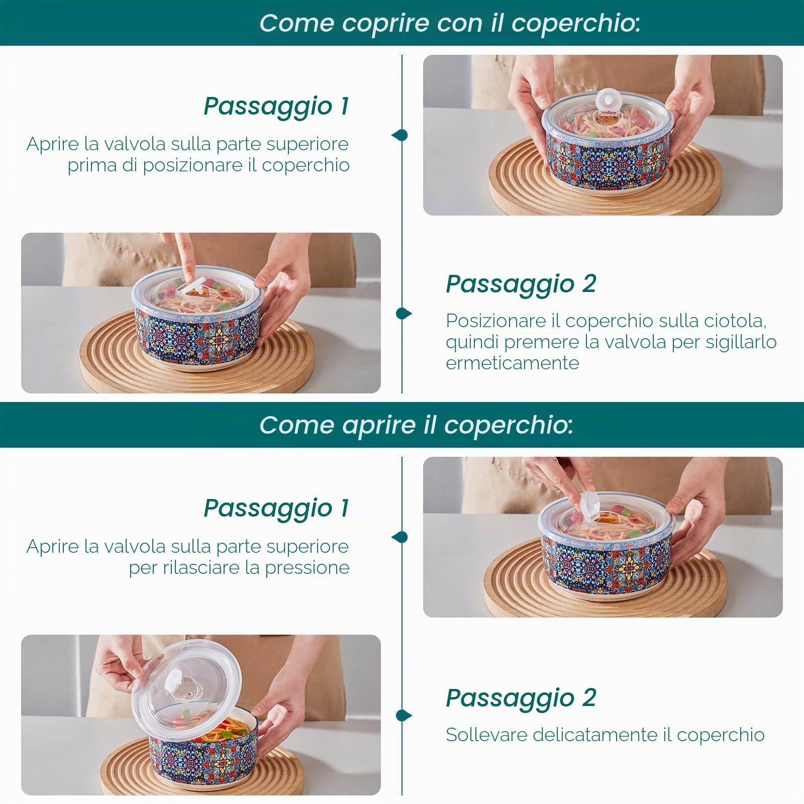 vancasso Set di 4 Ciotole in Ceramica con Coperchio della Linea SIMI - Scodelle Zuppa e Insalatieri Hermetiche 1080ml - per Pranzo, Picnic, Cucina e Conservazione (Cereali, Minestra)