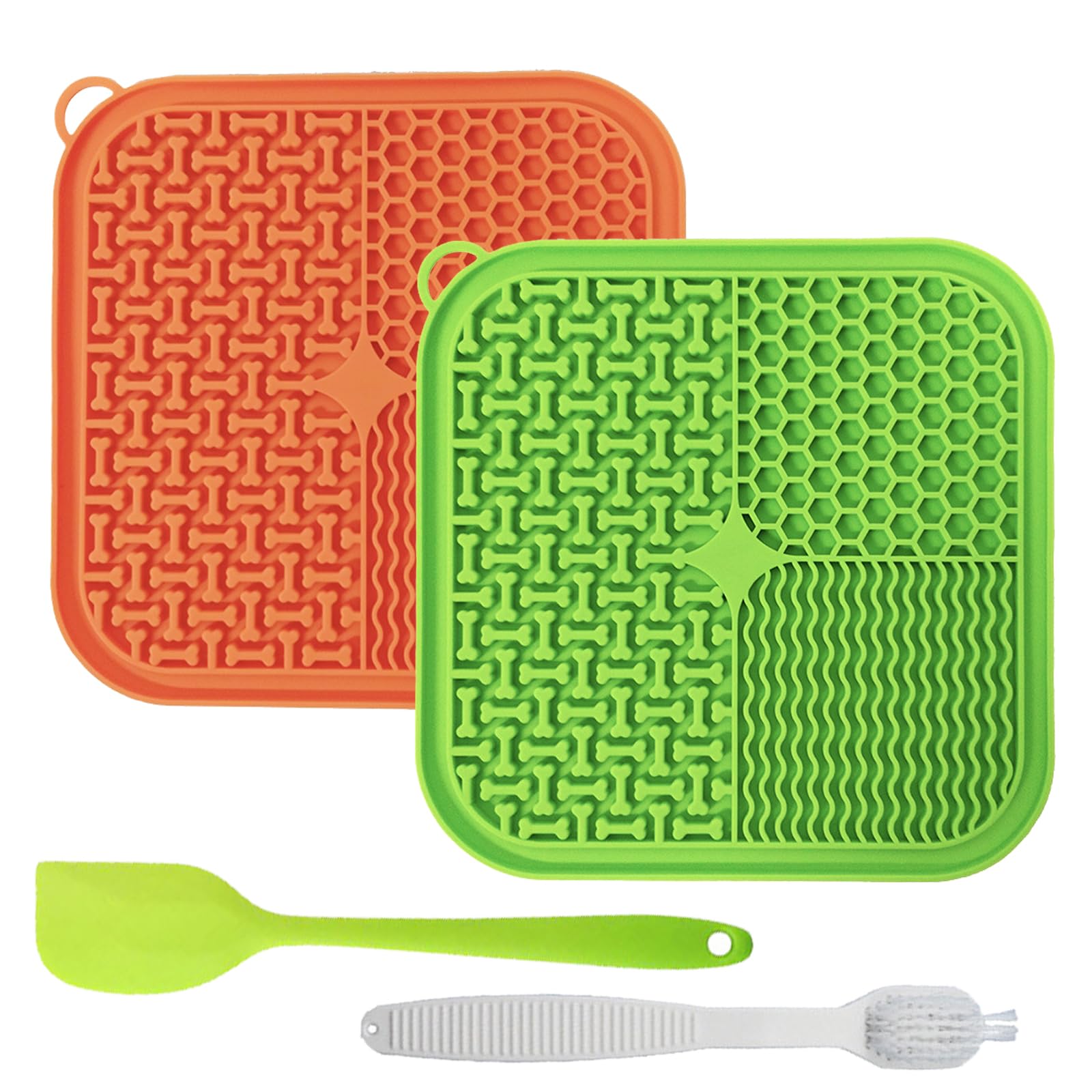 2 Pcs Licky Mats for Dog Cat, Slow Feeding Lick Mats with Suction Cups, 100% Food Grade BPA Free, Feeding & Licking Lick Mat Bathing and Training, Anxiety Relief Dog, Spatula & Brush (Orange & Green)