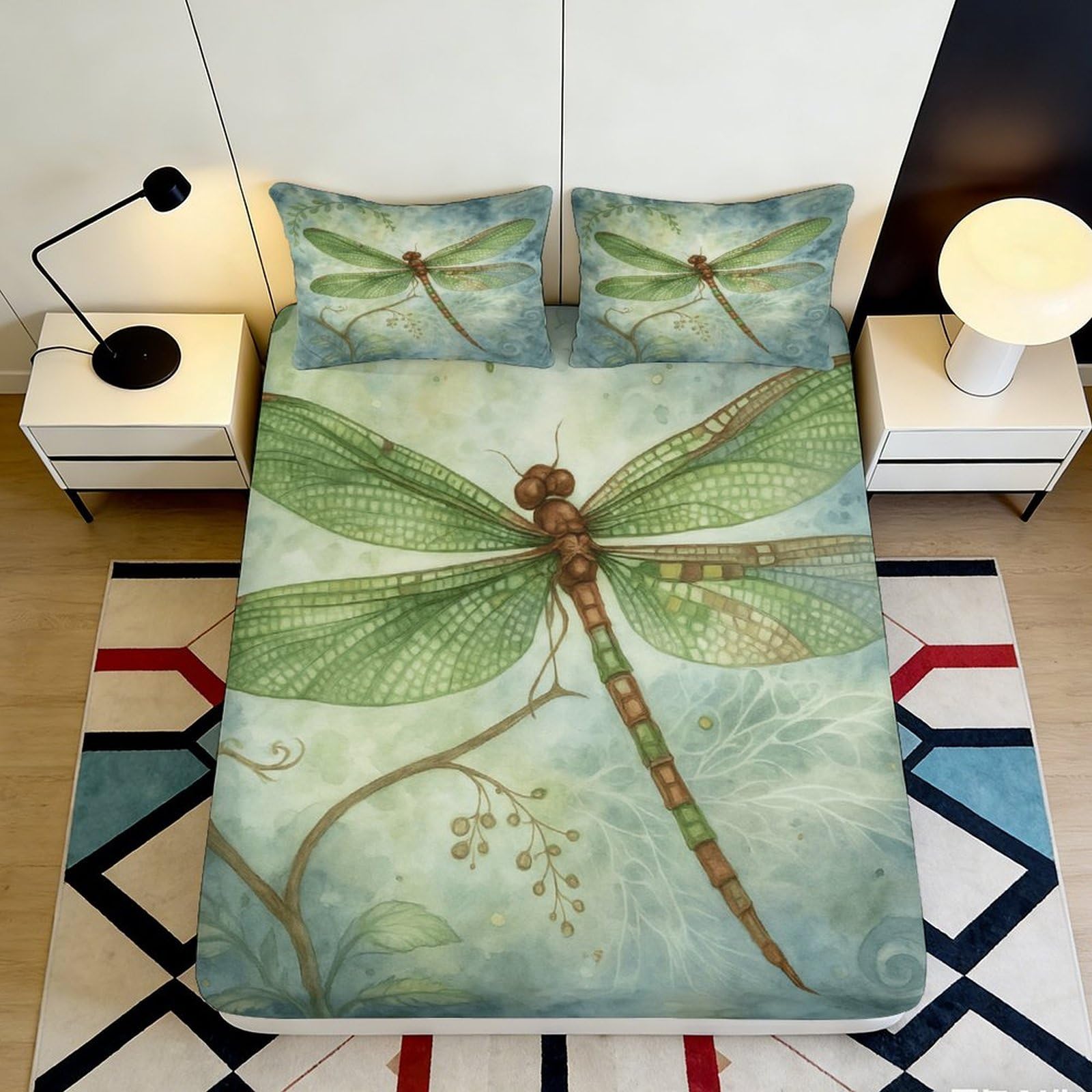 3D Printed Green Dragonfly Fitted Sheet Microfiber Soft Botanical Bed Cover for Bedroom Guestroom Dorm Mattress Protection 90x200x25cm
